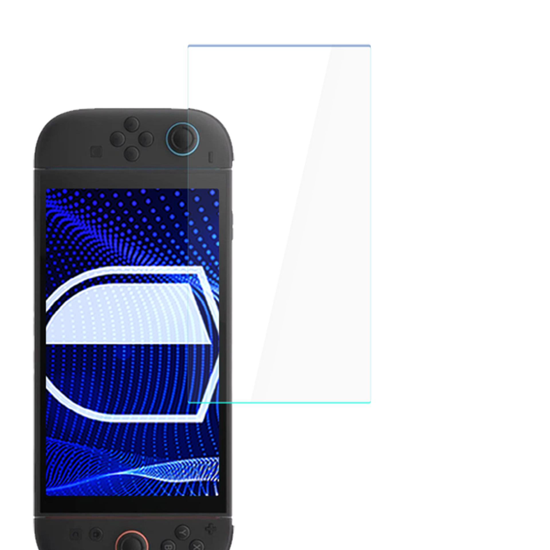 Przenośne urządzenie do gier z nałożoną ochroną ekranu. Ekran wyświetla niebieski wzór. Urządzenie jest czarne.