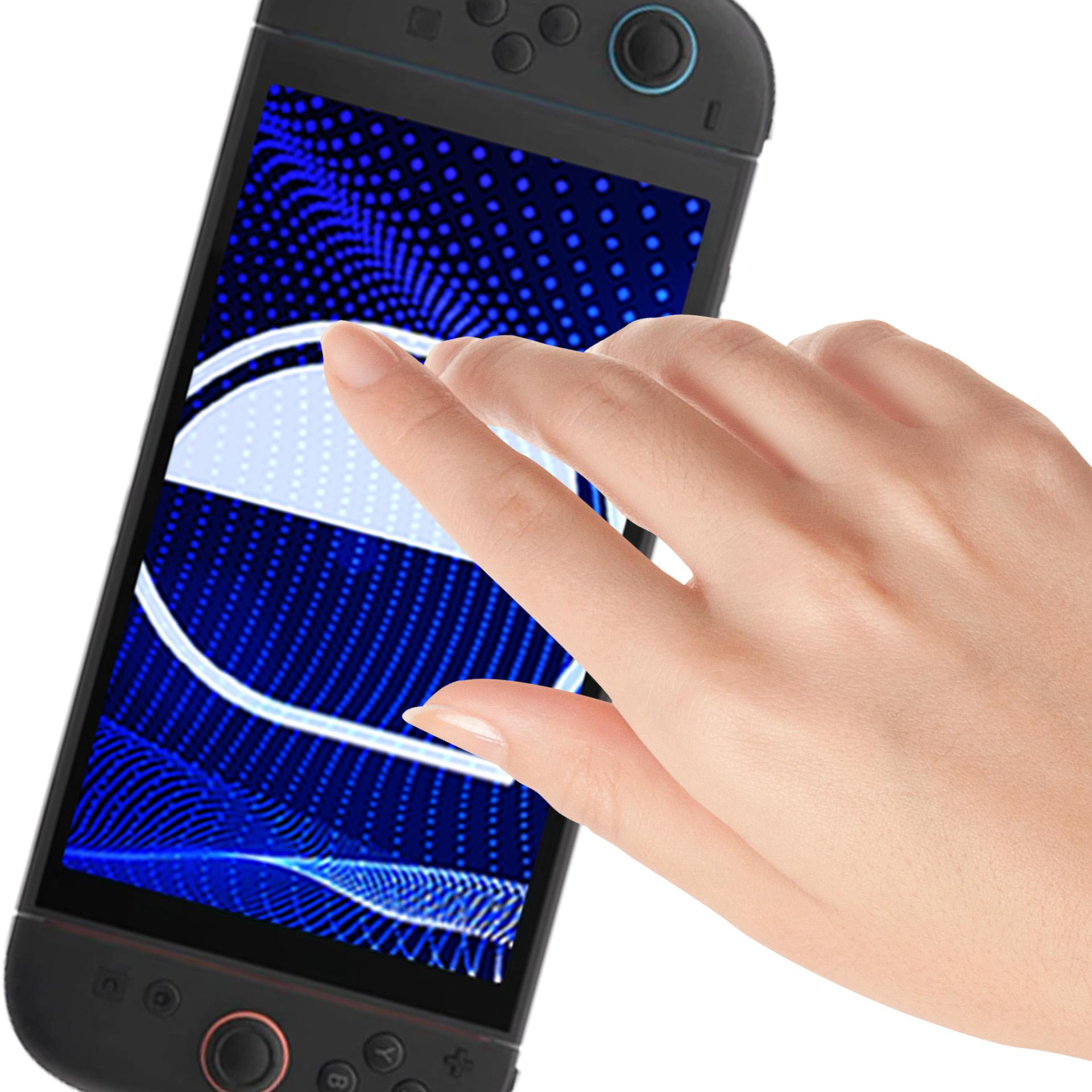 Dłoń dotyka ekranu czarnej konsoli do gier, wyświetlającego niebieskie kropki i białe linie.