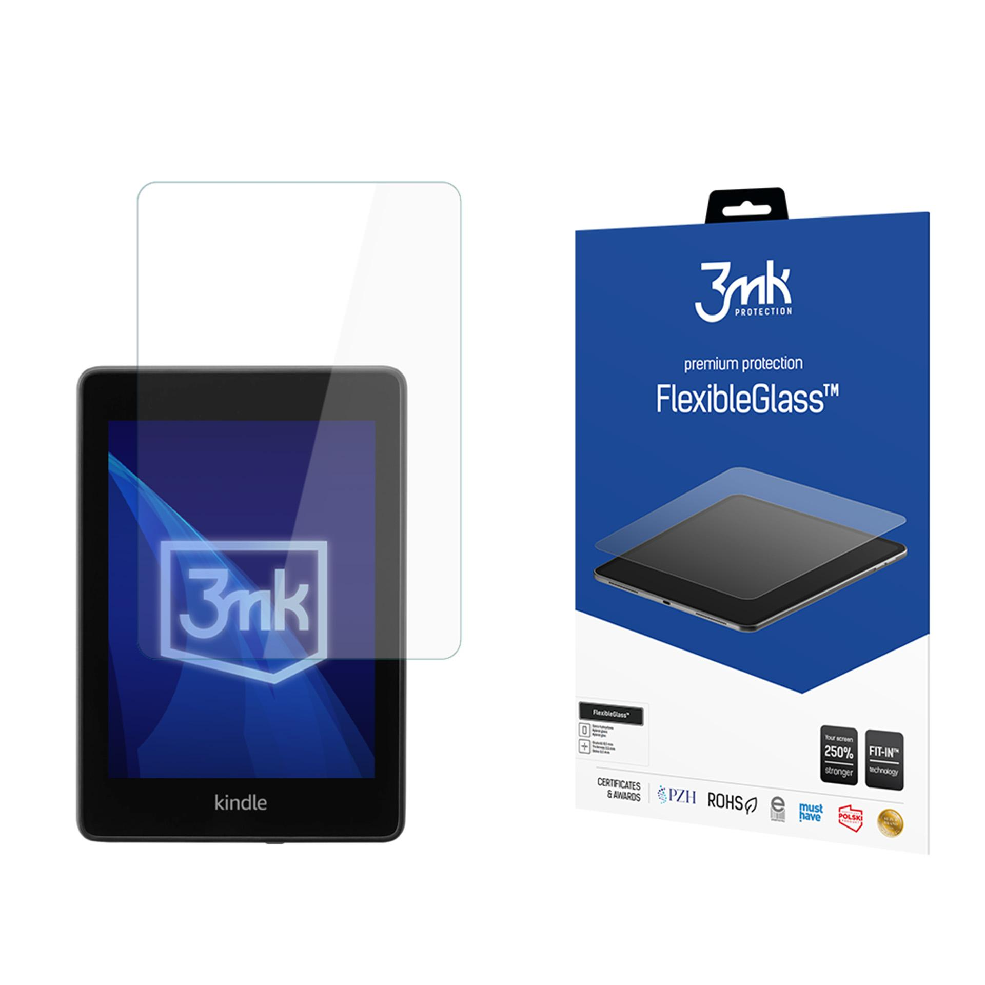 Obrazek przedstawia tablet Kindle z osłoną ekranu. Po prawej stronie pudełko z napisem 'FlexibleGlass'. Tablet ma logo 3mk.