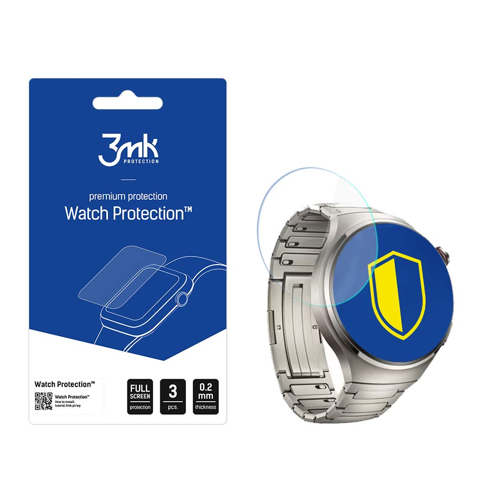 Smartwatch z ochraniaczem ekranu i niebiesko-białe opakowanie produktu z napisem 'Watch Protection'.