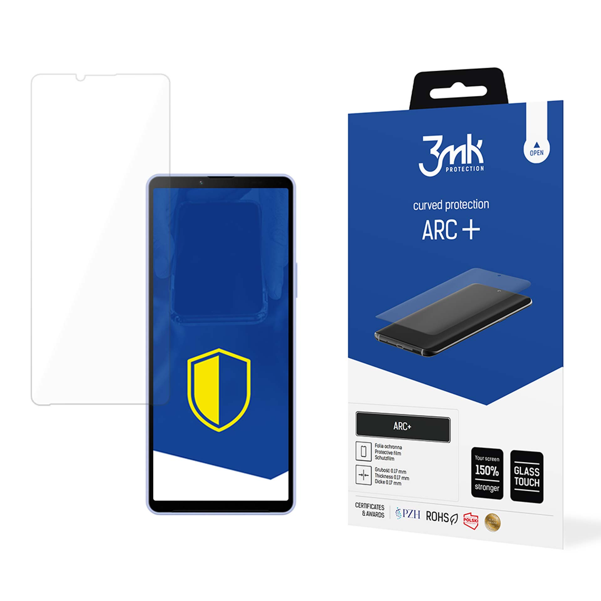 Una scatola di protezione per schermo del telefono e una protezione per schermo. La scatola è blu con testo bianco. La protezione per schermo è trasparente.