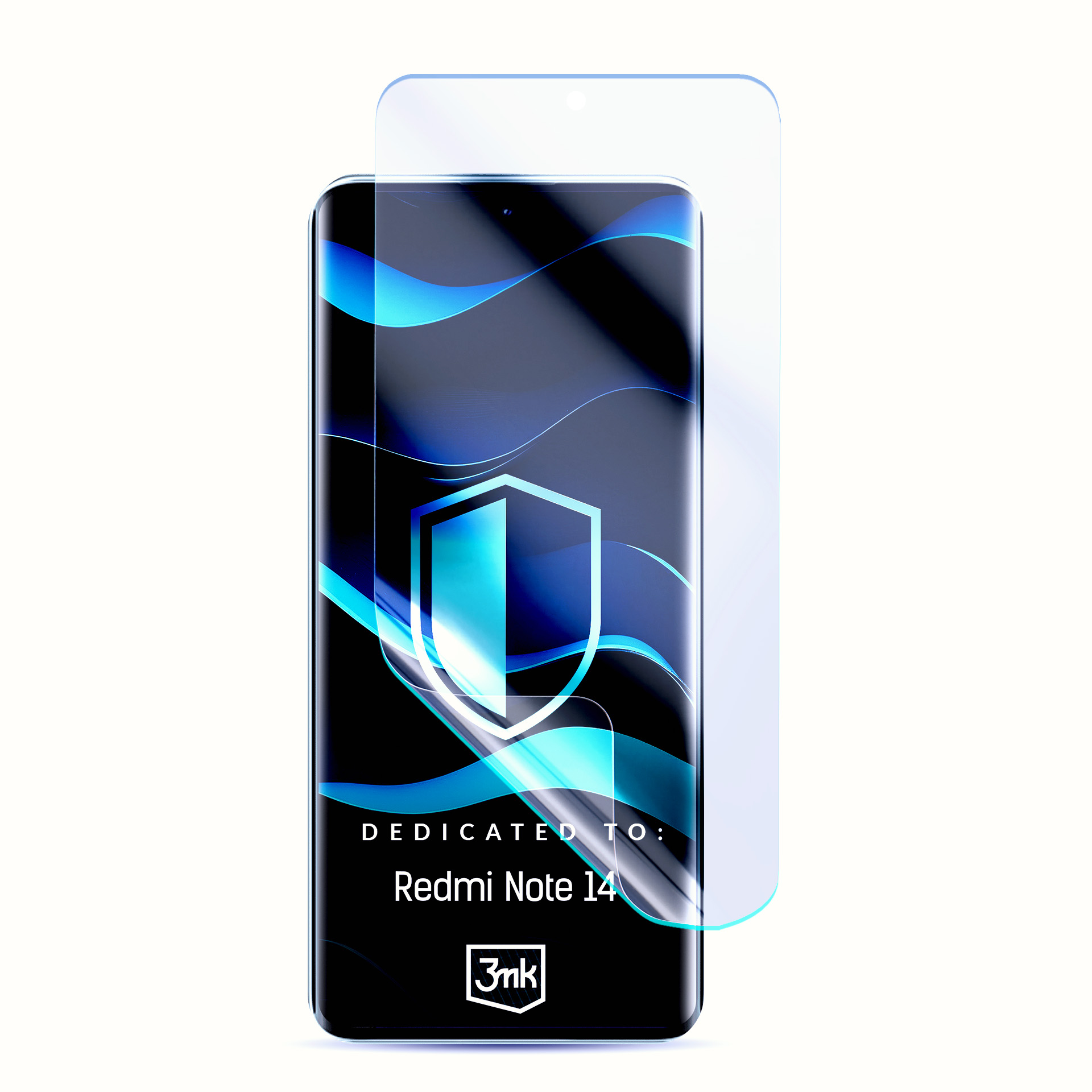 Uno smartphone con protezione schermo. Il telefono mostra un logo a scudo. Testo: Dedicato a: Redmi Note 14. Logo del marchio in basso.