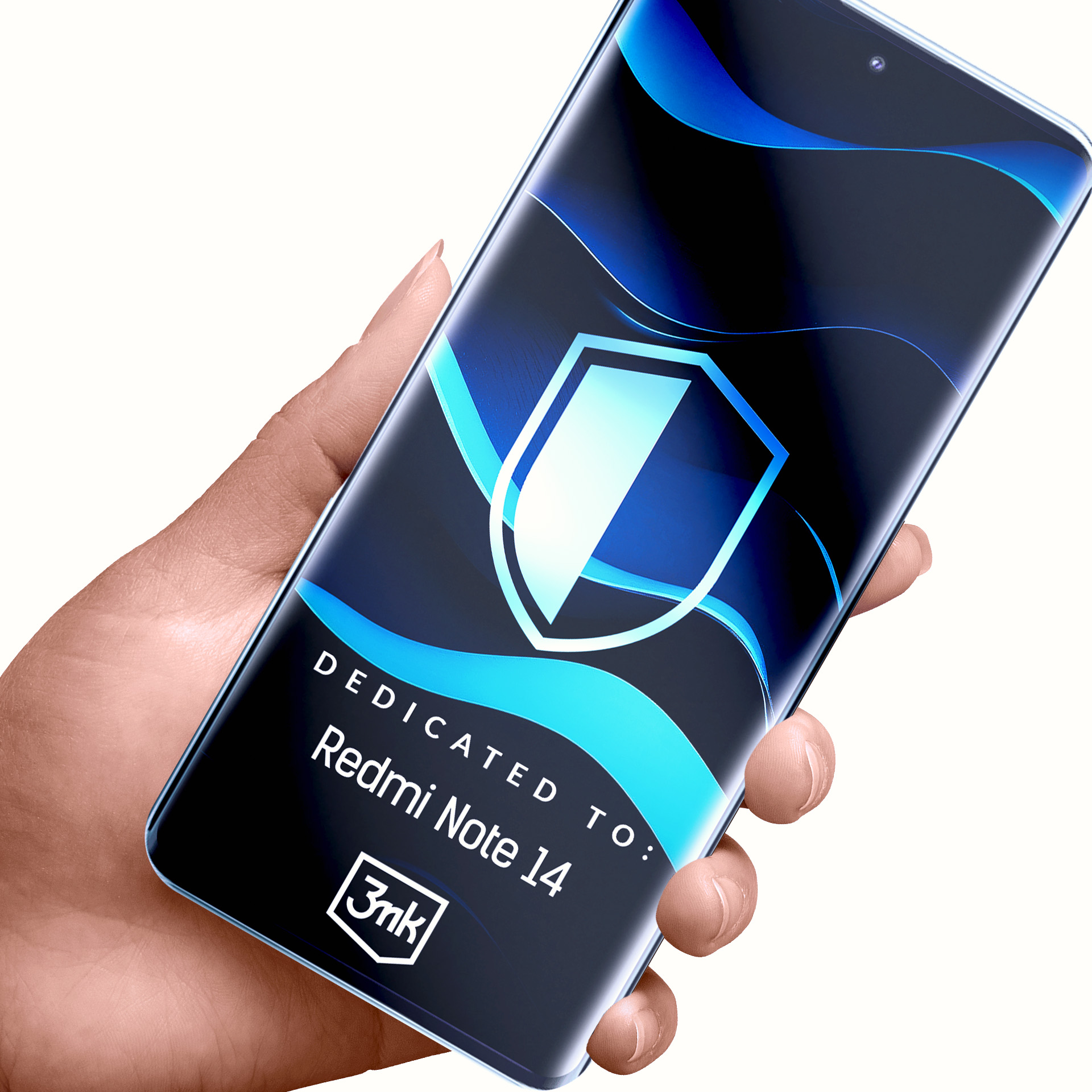Mano che tiene uno smartphone con un design a scudo blu. Testo: 'Dedicated to: Redmi Note 14'.