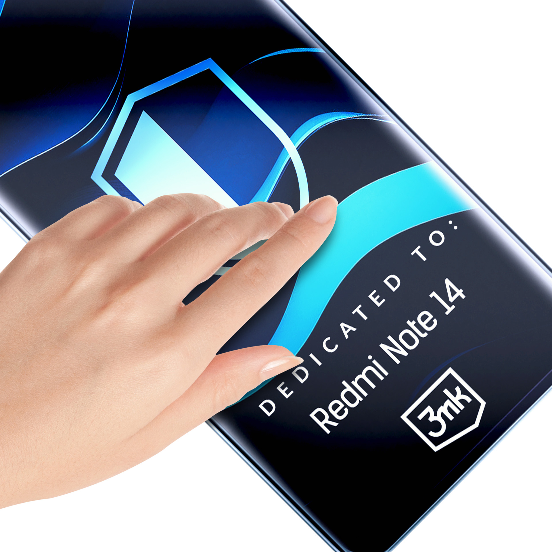 Una mano tocca lo schermo di un telefono. Visualizza la scritta 'Dedicato a: Redmi Note 14' e un logo su sfondo blu e nero.