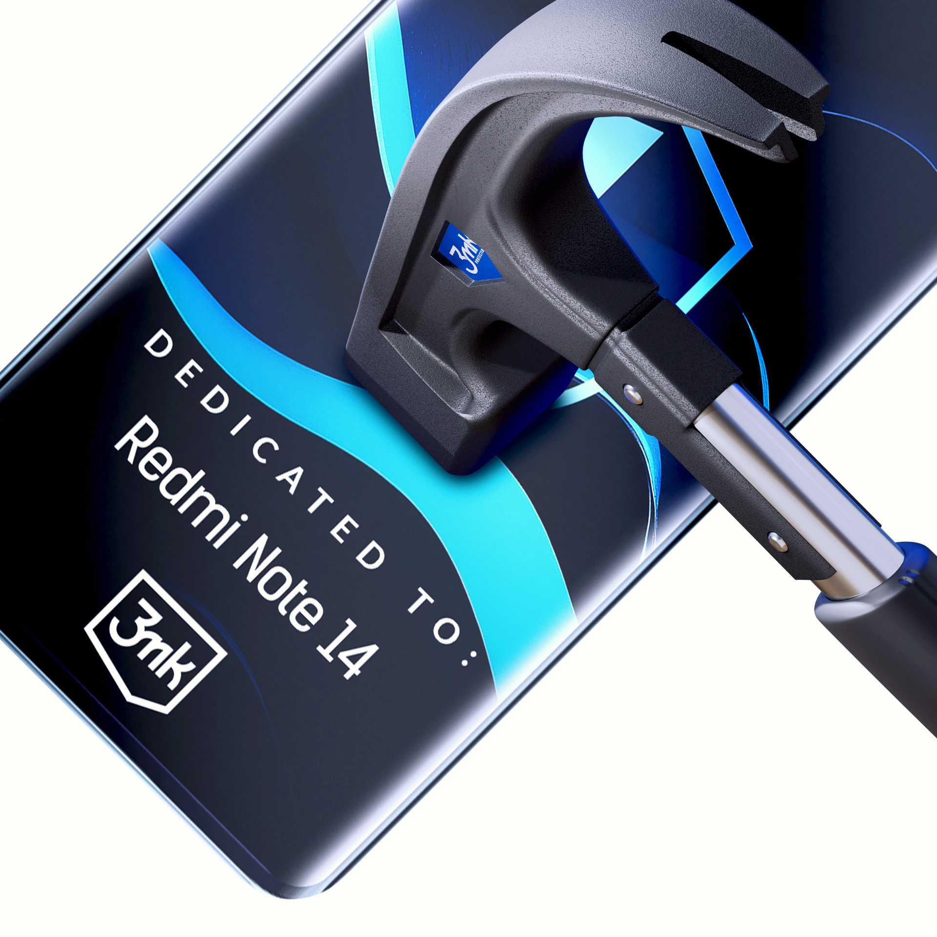 Un martello sta rompendo lo schermo di un telefono che mostra Redmi Note 14. Lo schermo ha accenti blu e testo bianco.
