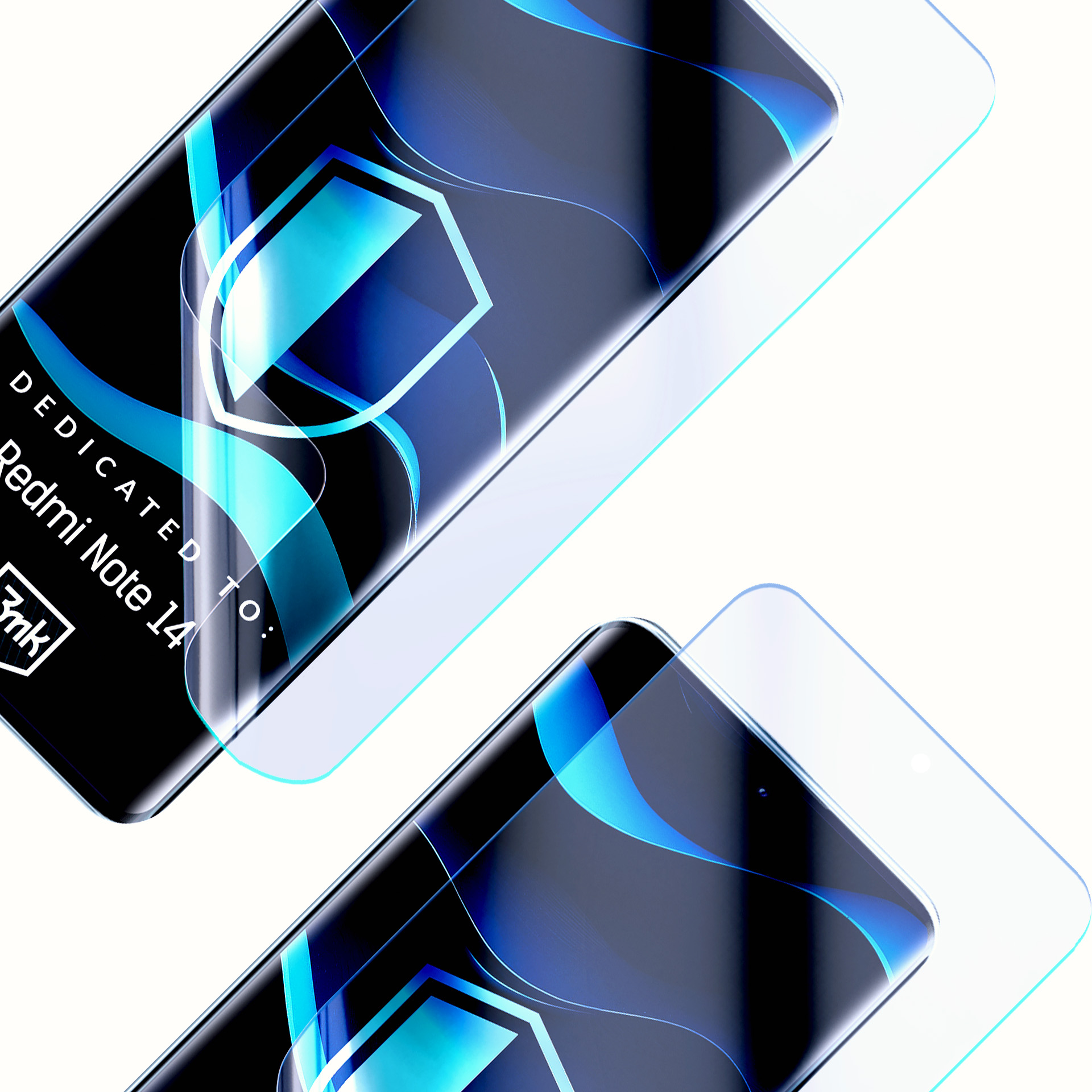 Due smartphone con protezioni per lo schermo. I telefoni hanno un design blu e il testo dice 'Dedicato a Redmi Note 14'.