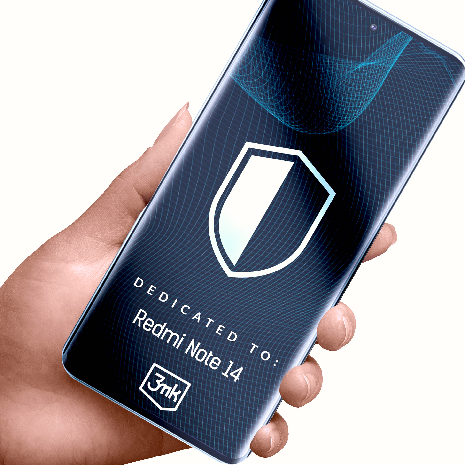 Una mano che tiene uno smartphone. Lo schermo mostra un logo a scudo e il testo: Dedicated to Redmi Note 14. Logo 3mk in basso.