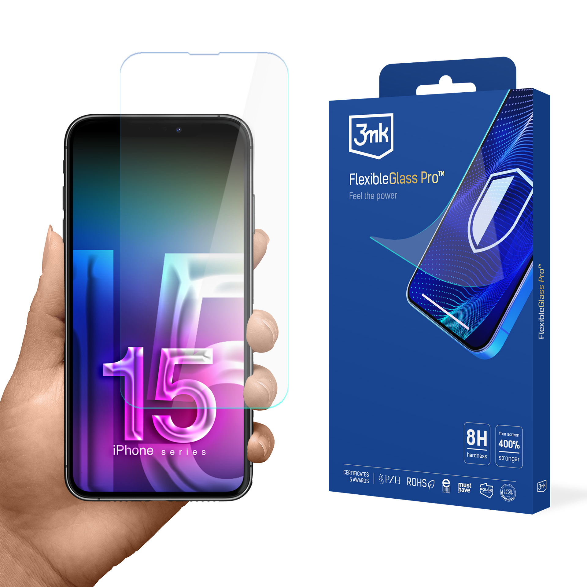 Mano che tiene un telefono con protezione schermo. Una scatola blu mostra lo schermo di un telefono e del testo. Il telefono dice 15, serie iPhone.