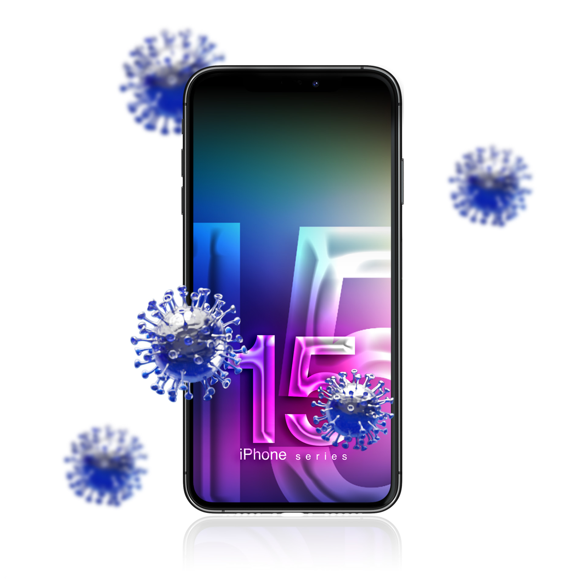 Un iPhone 15 con schermo sfumato, circondato da illustrazioni di virus blu, su sfondo bianco.