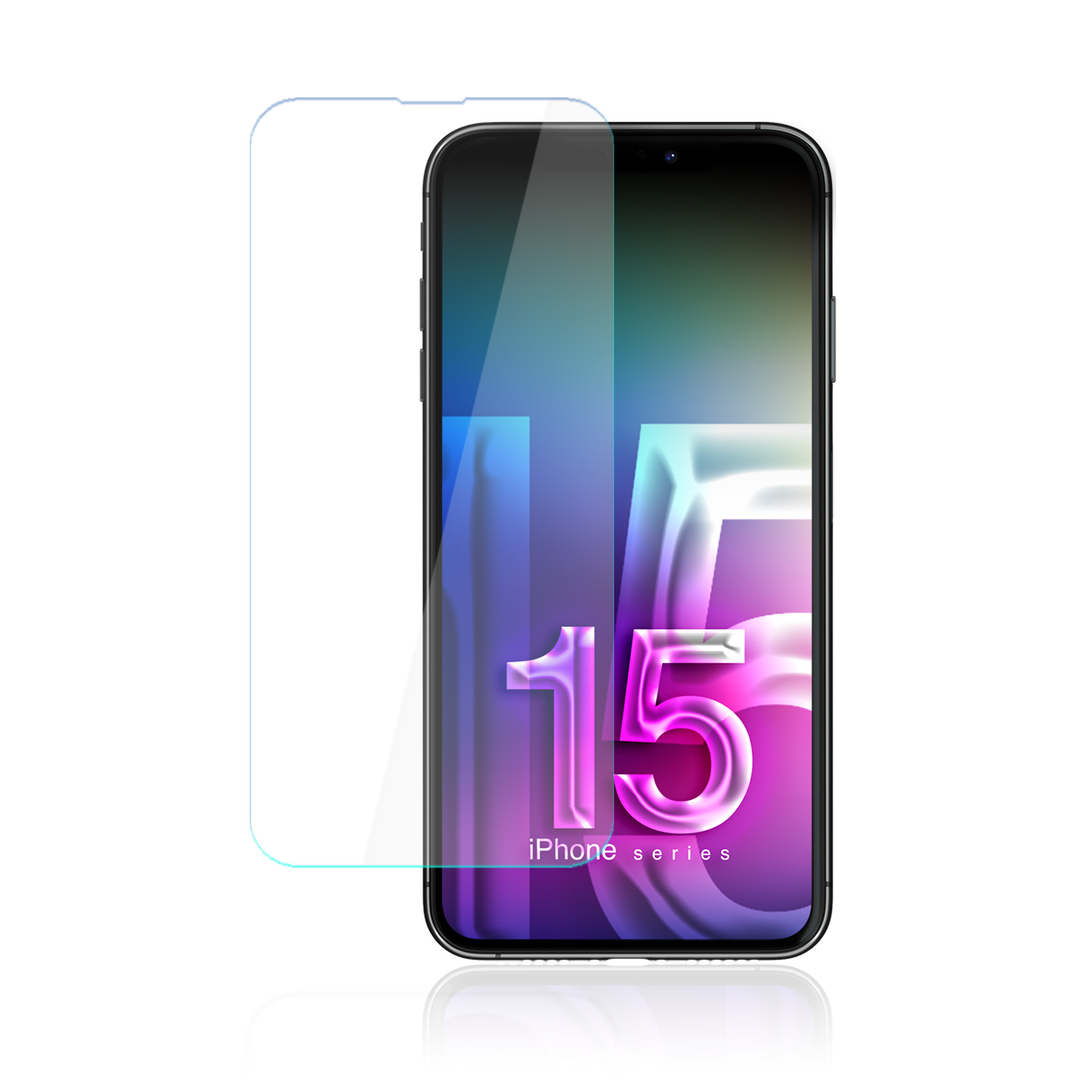 Un iPhone 15 con una protezione schermo. Il telefono mostra il numero 15 in rosa, con la scritta 'serie iPhone'.