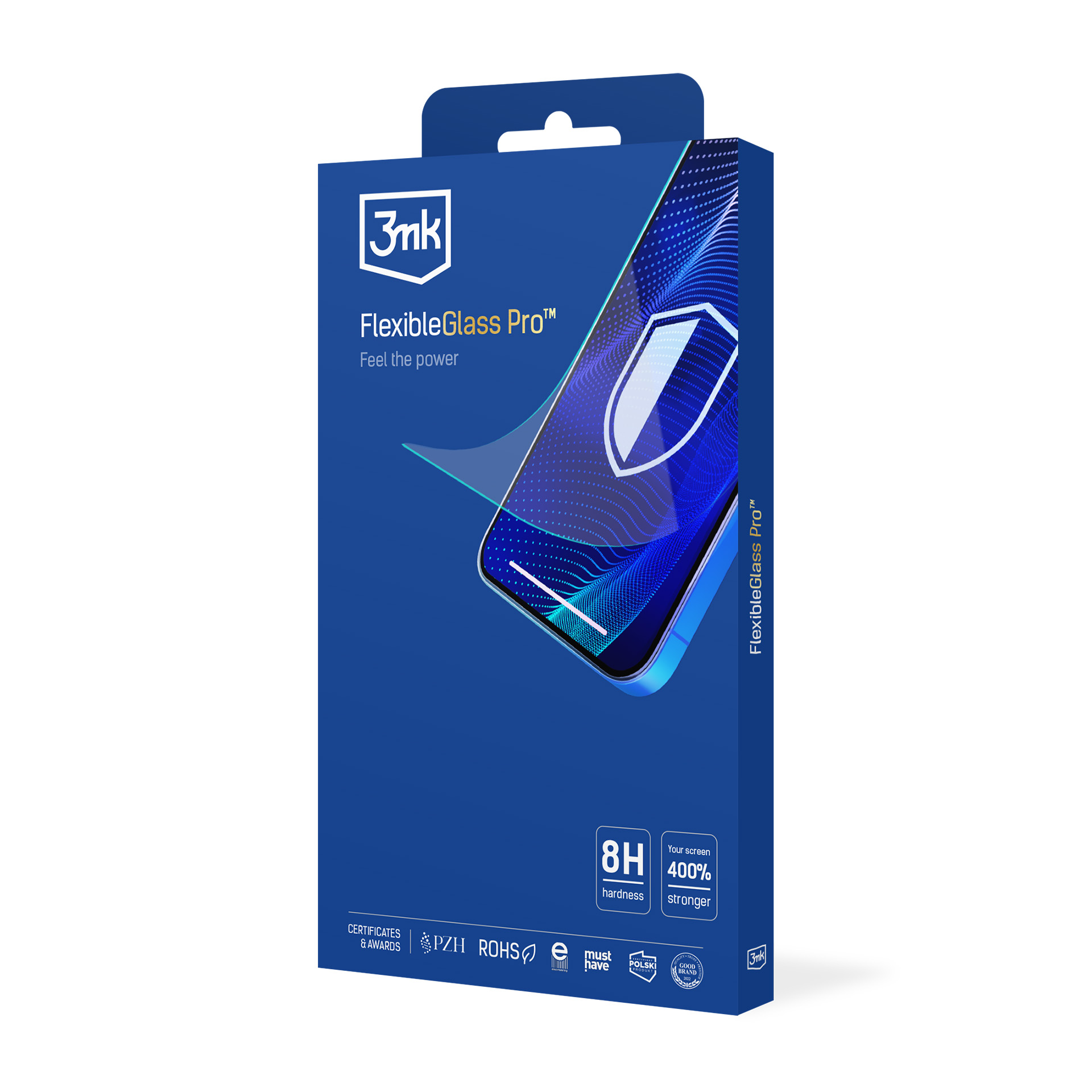 Scatola blu 3mk FlexibleGlass Pro. Mostra schermo telefono con strato protettivo. Evidenzia durezza e resistenza.