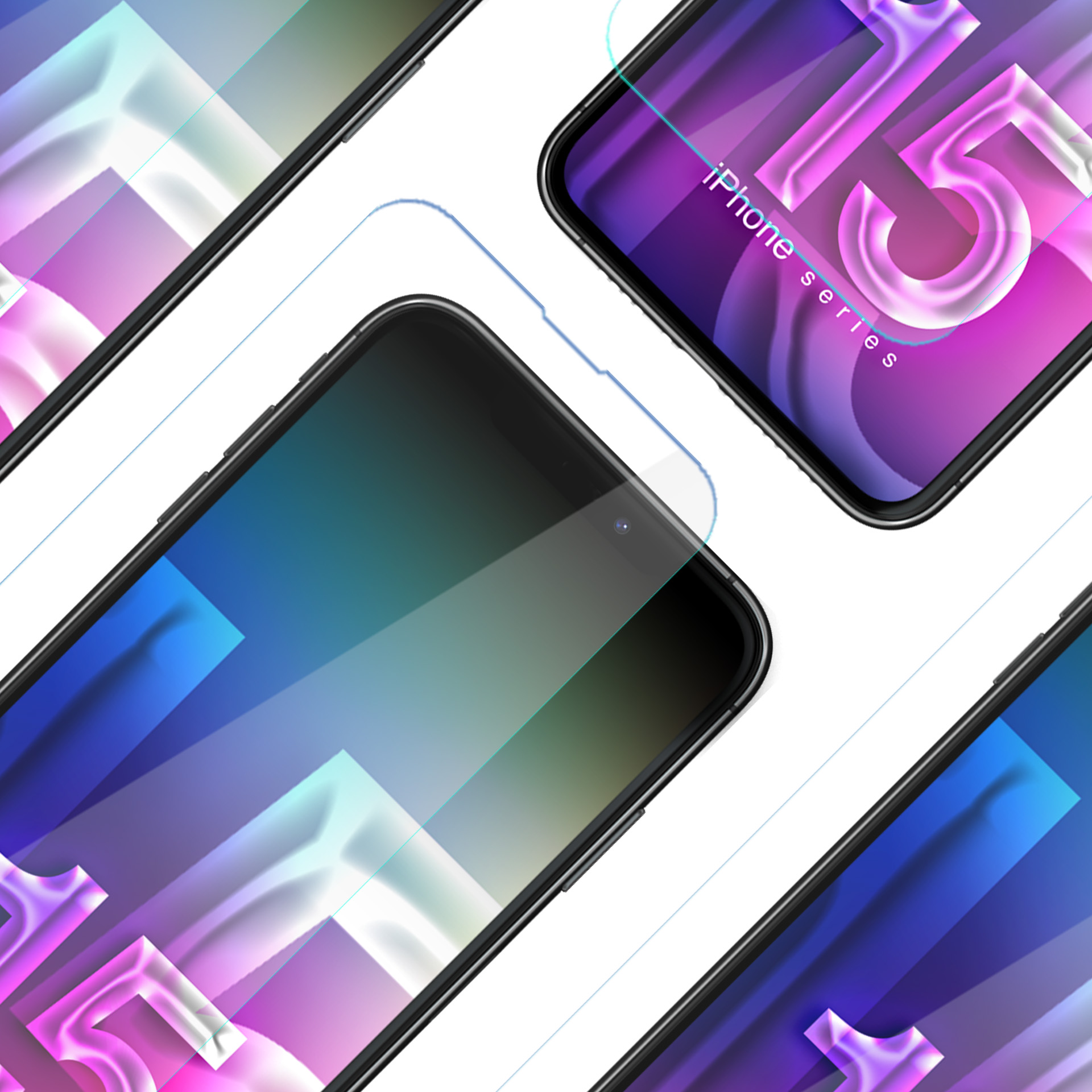 Diversi smartphone con cornici nere sono disposti diagonalmente, mostrando sfondi sfumati colorati. Il logo della serie iPhone è visibile.