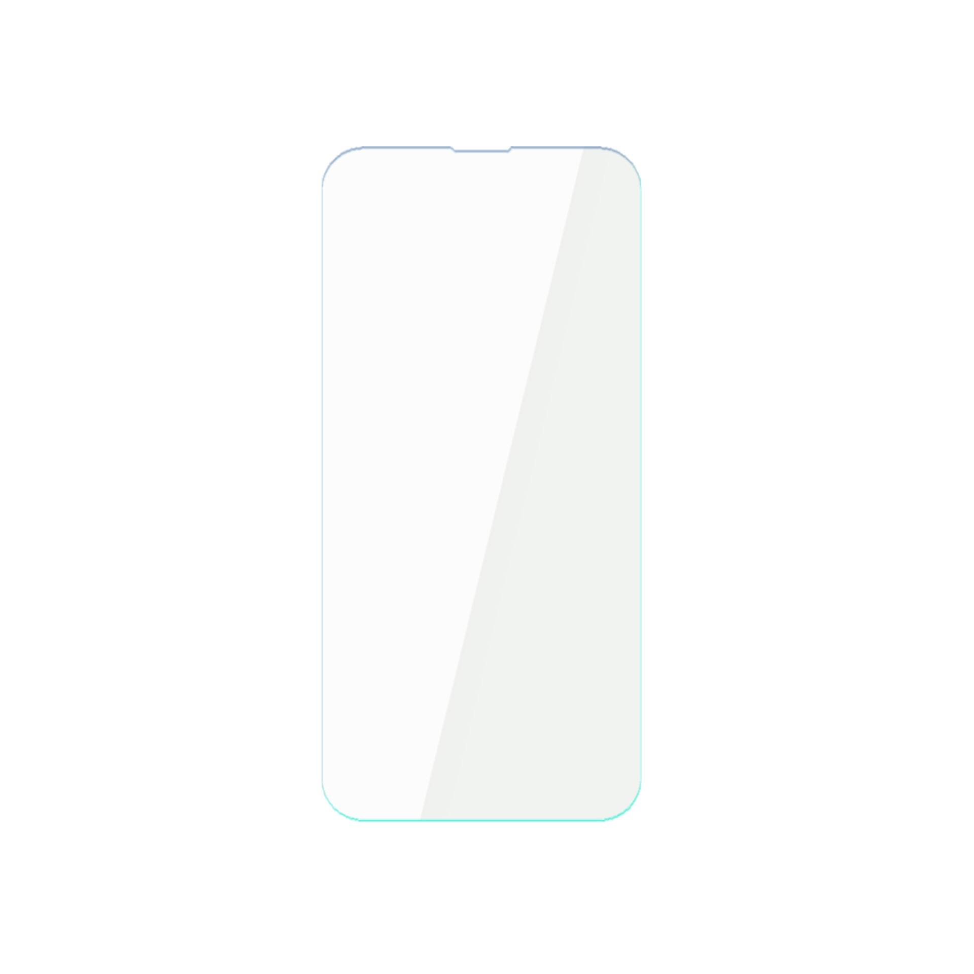 Un proteggi schermo per telefono. Ha una forma rettangolare trasparente con angoli arrotondati e un intaglio in alto.
