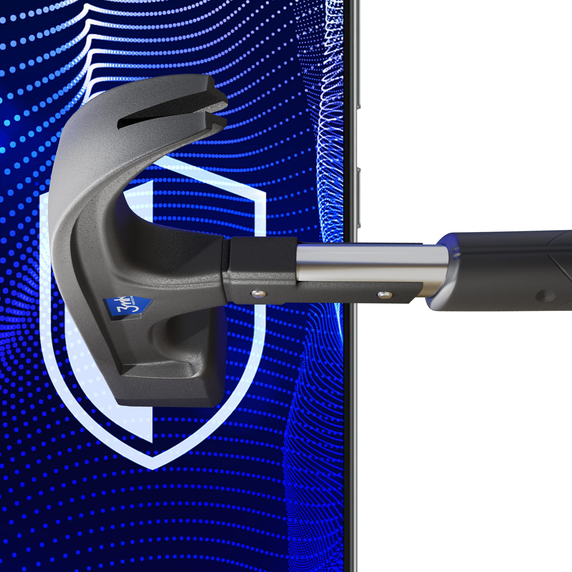 Szary młotek rozbija ekran telefonu. Tło przedstawia niebieskie kropki w kształcie tarczy.