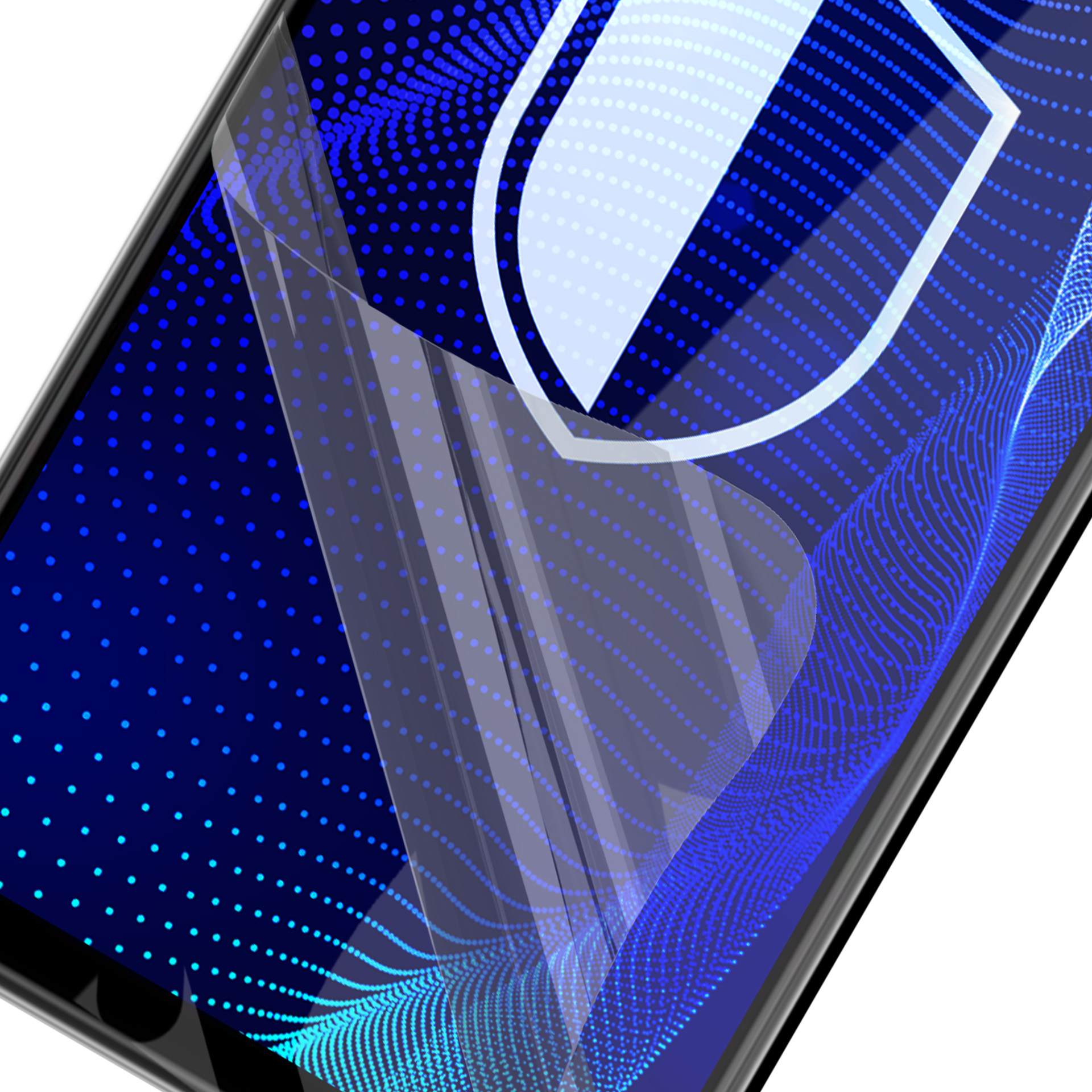 Lo schermo dello smartphone mostra un'icona a scudo e un motivo a punti blu. Lo schermo ha uno strato protettivo, una cornice nera e uno sfondo bianco.