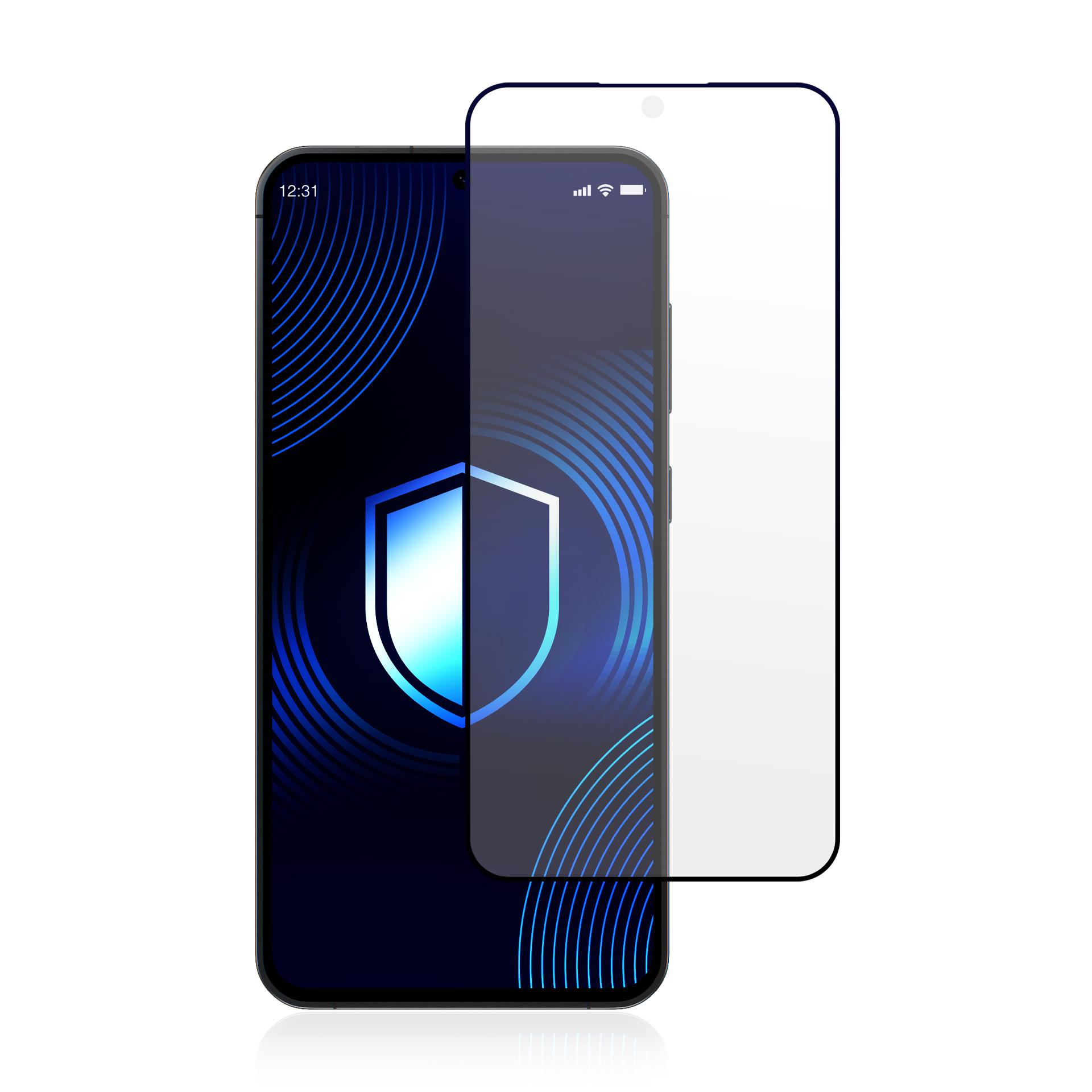 Smartfon z ochraniaczem ekranu. Telefon wyświetla grafikę tarczy. Ochraniacz jest przezroczysty.