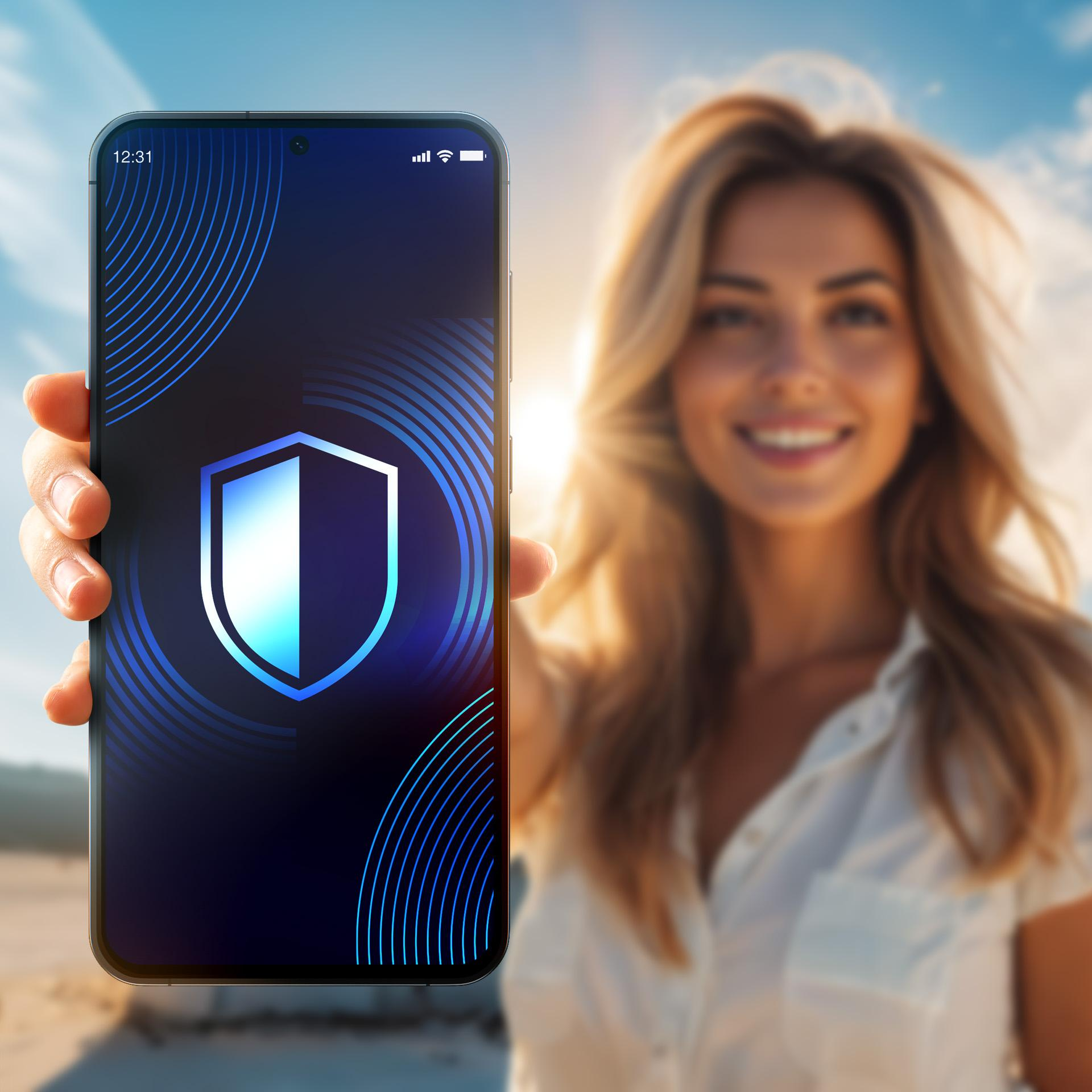 Kobieta trzymająca telefon z ikoną tarczy, tło błękitnego nieba.