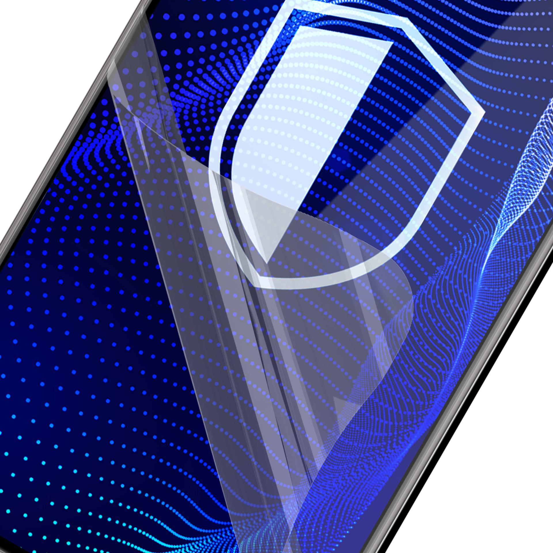 Uno smartphone mostra una grafica a scudo. Lo schermo ha un motivo a punti blu. Uno strato protettivo trasparente sovrappone lo schermo.