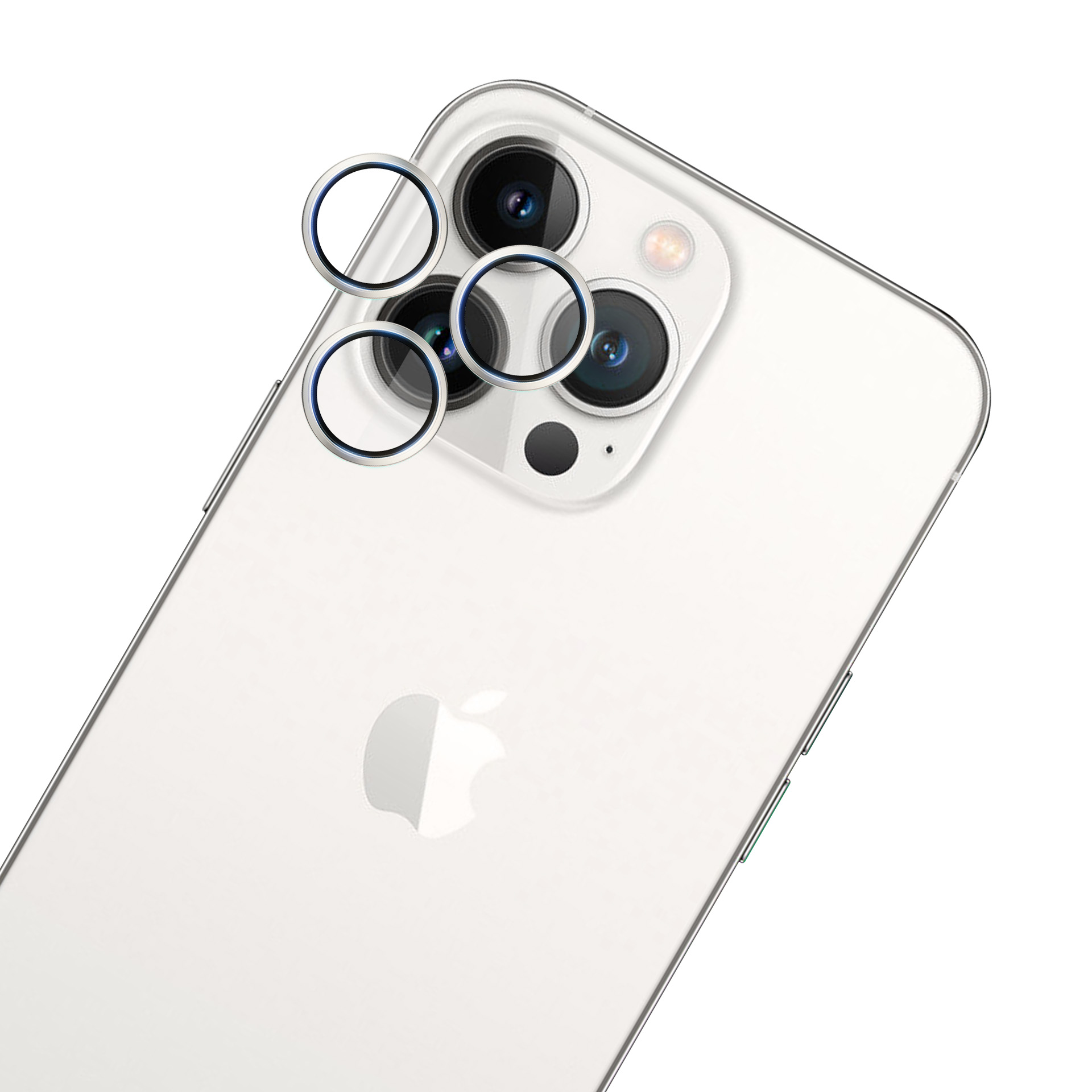Tył białego iPhone'a z obiektywami aparatu i pierścieniami ochronnymi. Widoczne logo Apple.