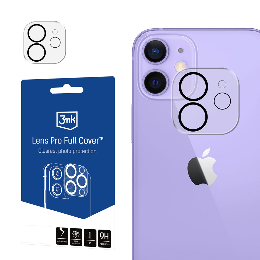 Un iPhone viola con protezione per lenti e un pacchetto prodotto sono esposti. Il pacchetto recita 'Lens Pro Full Cover'.