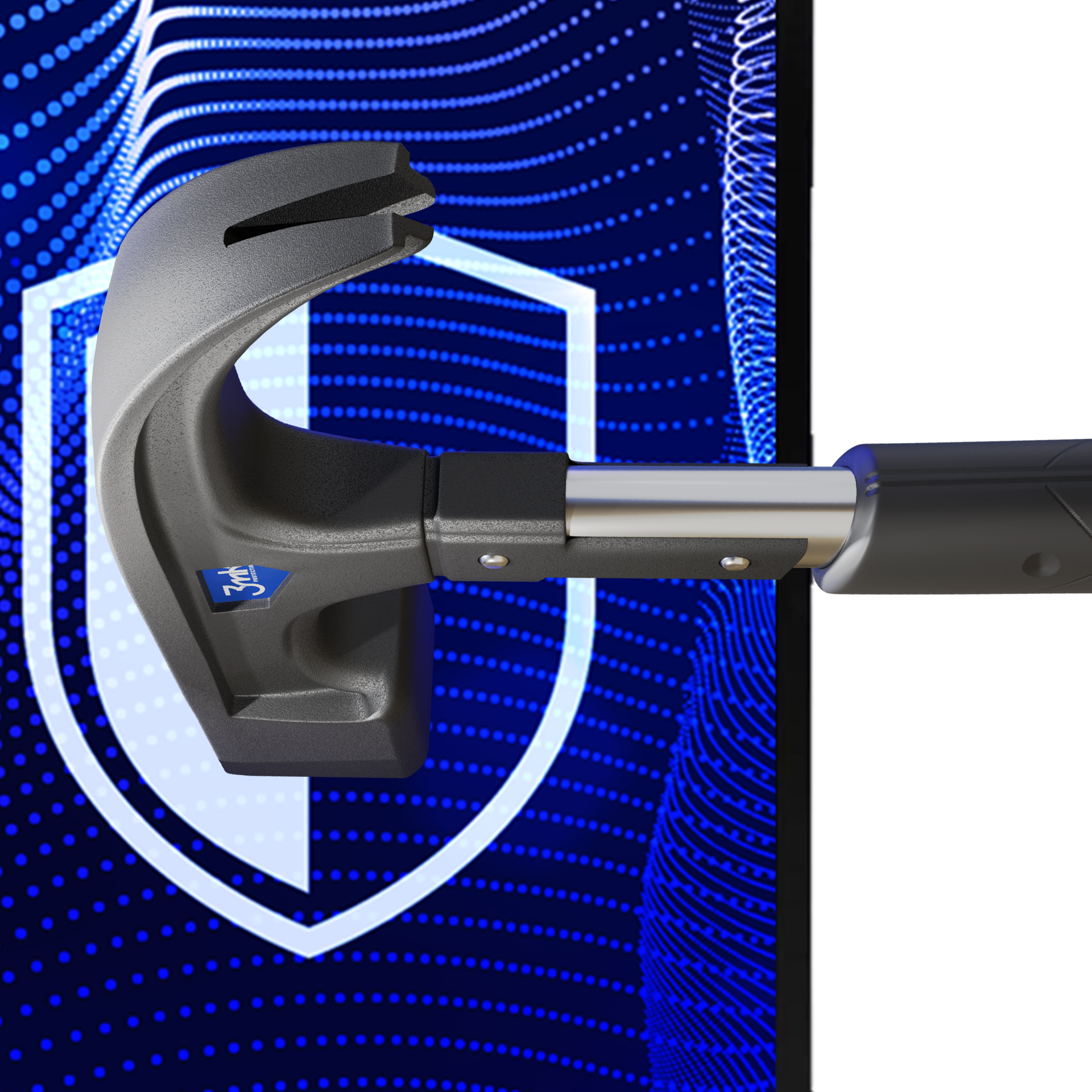 Szary młotek umieszczony nad niebieską tarczą na ekranie. Tło to wzór niebieskich kropek i linii.