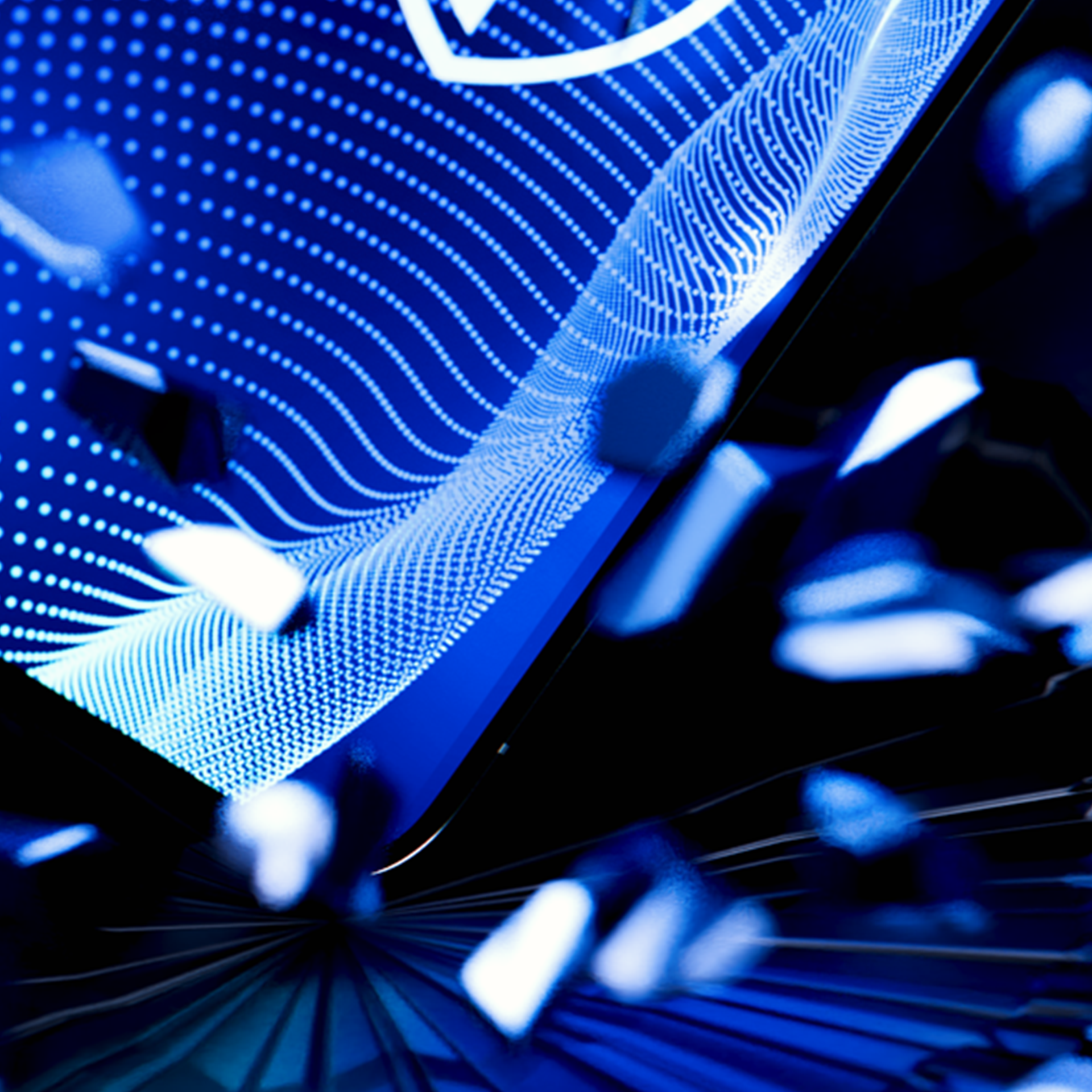 Abstrakcyjny obraz z niebieskimi falami i białymi kropkami. Geometryczne kształty unoszą się na ciemnym tle.