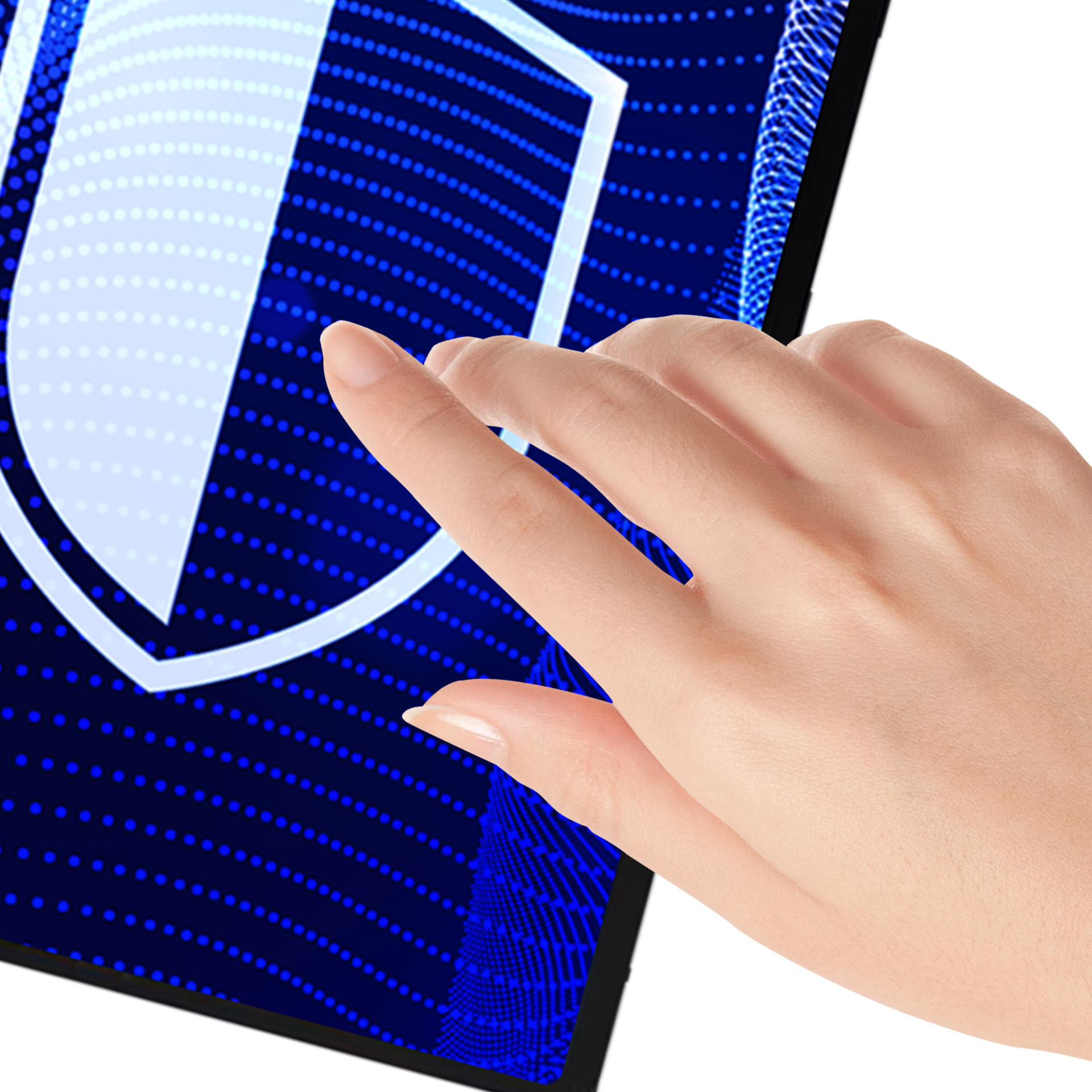 Dłoń dotyka ekranu tabletu, wyświetlającego ikonę tarczy z niebieskimi kropkami na białym tle.