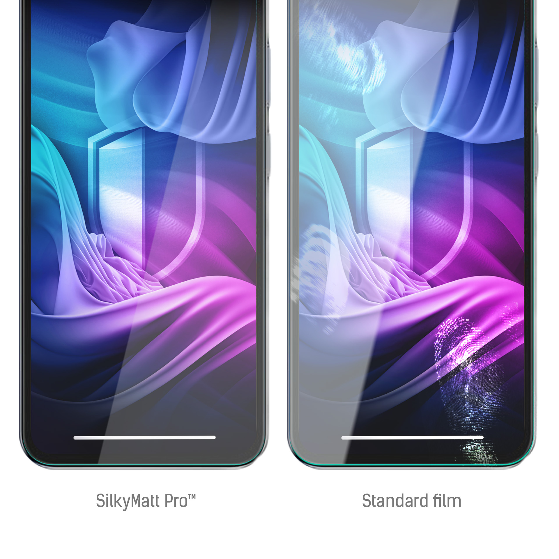 Due schermi di smartphone, SilkyMatt Pro a sinistra, pellicola standard a destra, con design blu e viola.