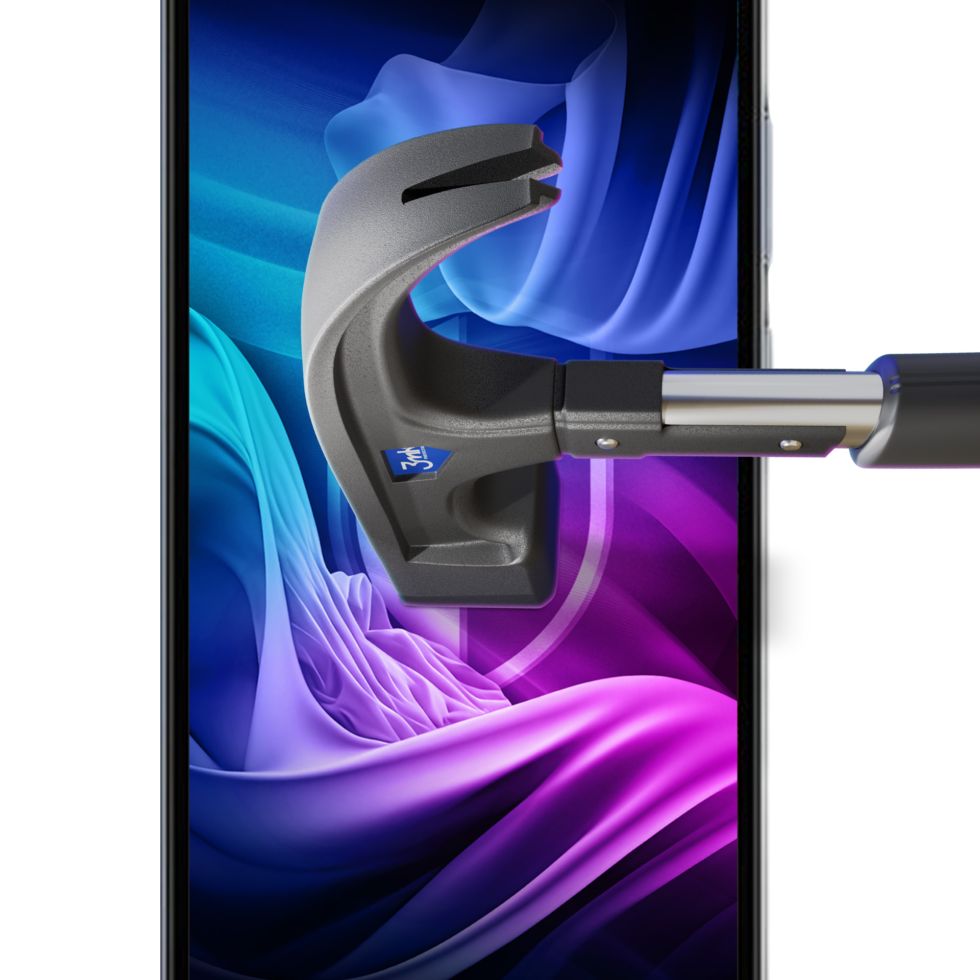 Uno schermo del telefono mostra forme astratte blu e viola. Un martello sta per colpire lo schermo.