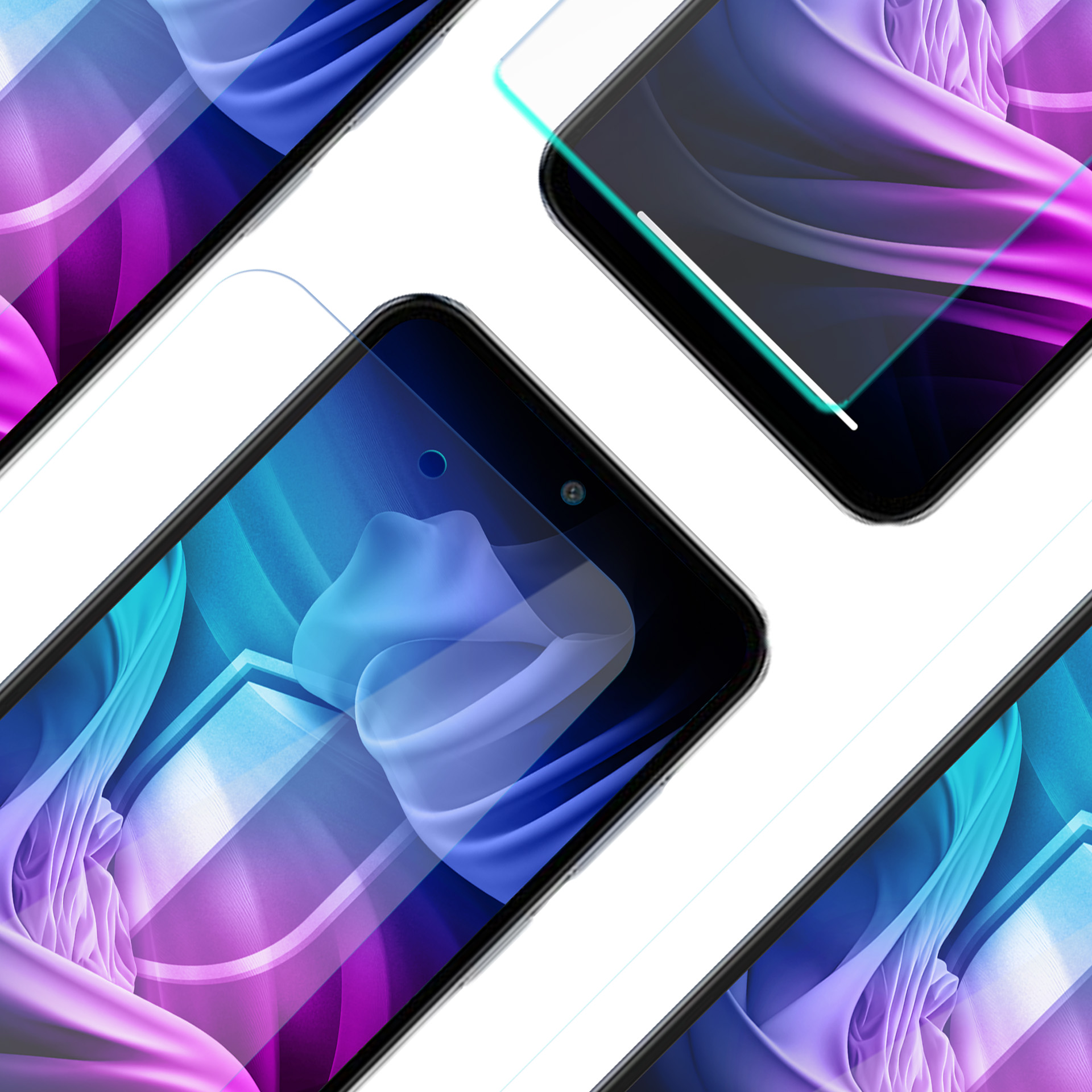 Più smartphone con protezioni schermo disposti diagonalmente su sfondo bianco. Schermi mostrano gradienti astratti.
