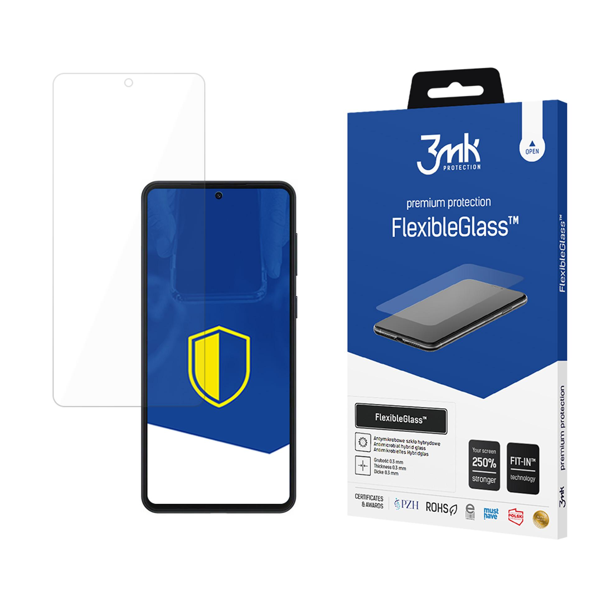 Un proteggi schermo, un telefono e una scatola del prodotto. La scatola ha info prodotto e il logo 3mk Protection.