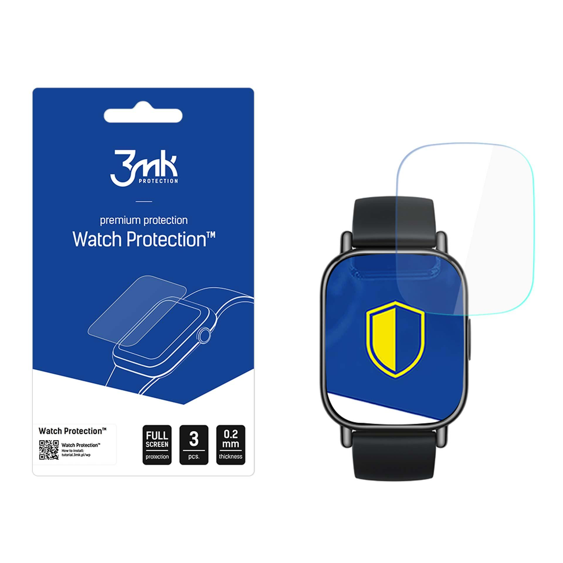 La confezione blu mostra uno smartwatch, un proteggi schermo e il marchio 3mk. Uno smartwatch è a destra con un proteggi schermo sopra.