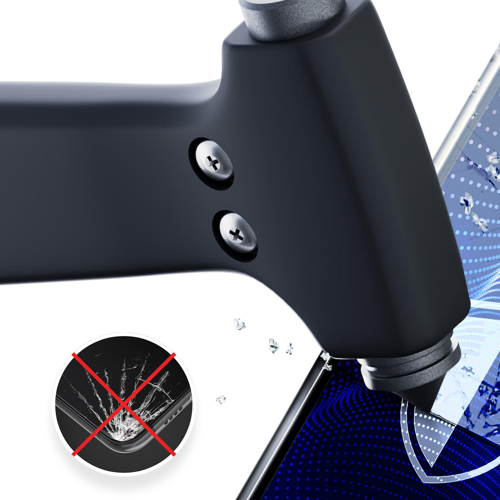 Czarny młotek uderzający w telefon, pęknięty ekran z czerwonym krzyżem. Ochraniacz ekranu z tarczą.