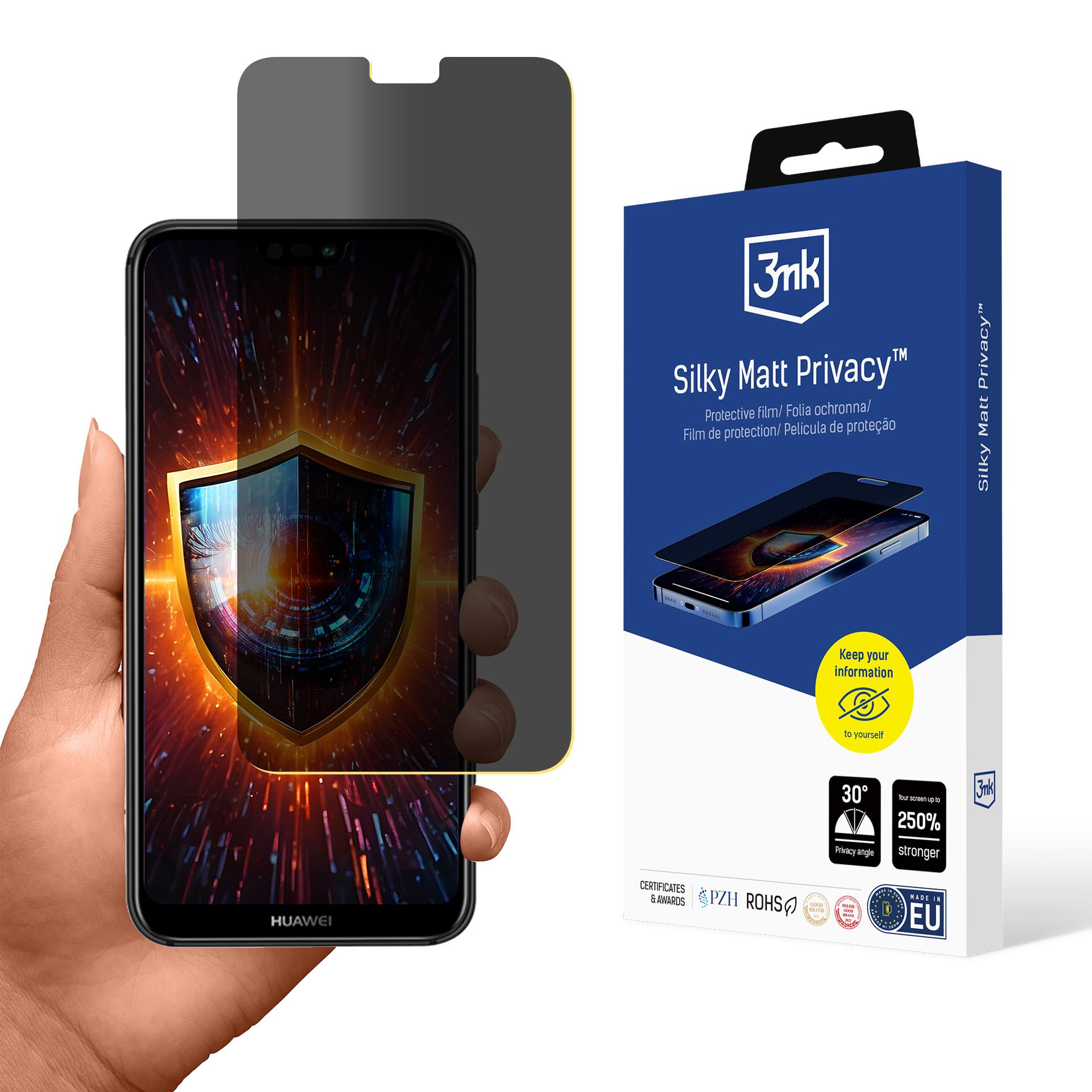 Una mano tiene un telefono con schermo privacy. Una scatola a destra mostra un telefono con schermo e dettagli del prodotto.