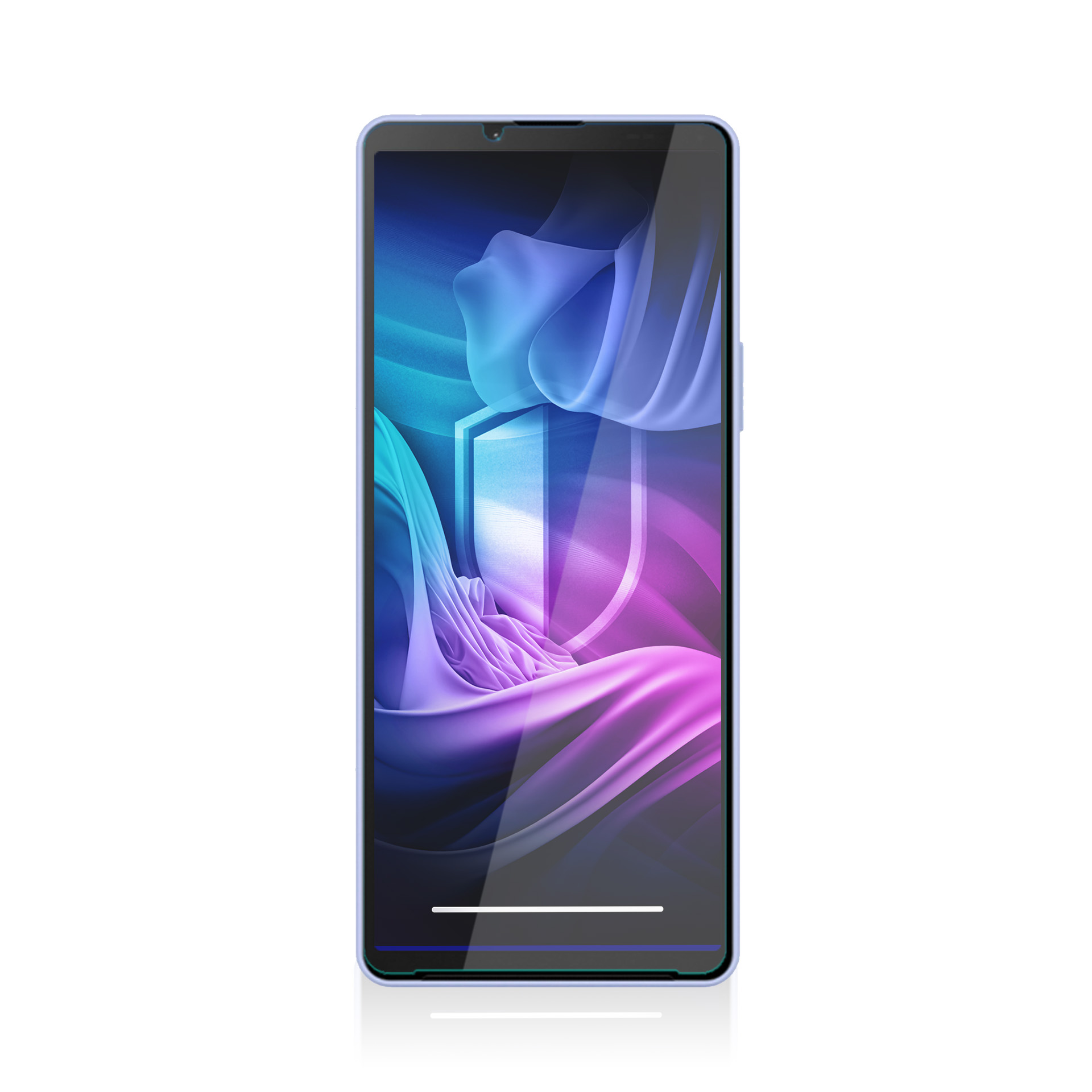 Smartfon z niebieską ramką. Ekran wyświetla abstrakcyjną grafikę w kolorach niebieskim, fioletowym i białym. Białe tło.