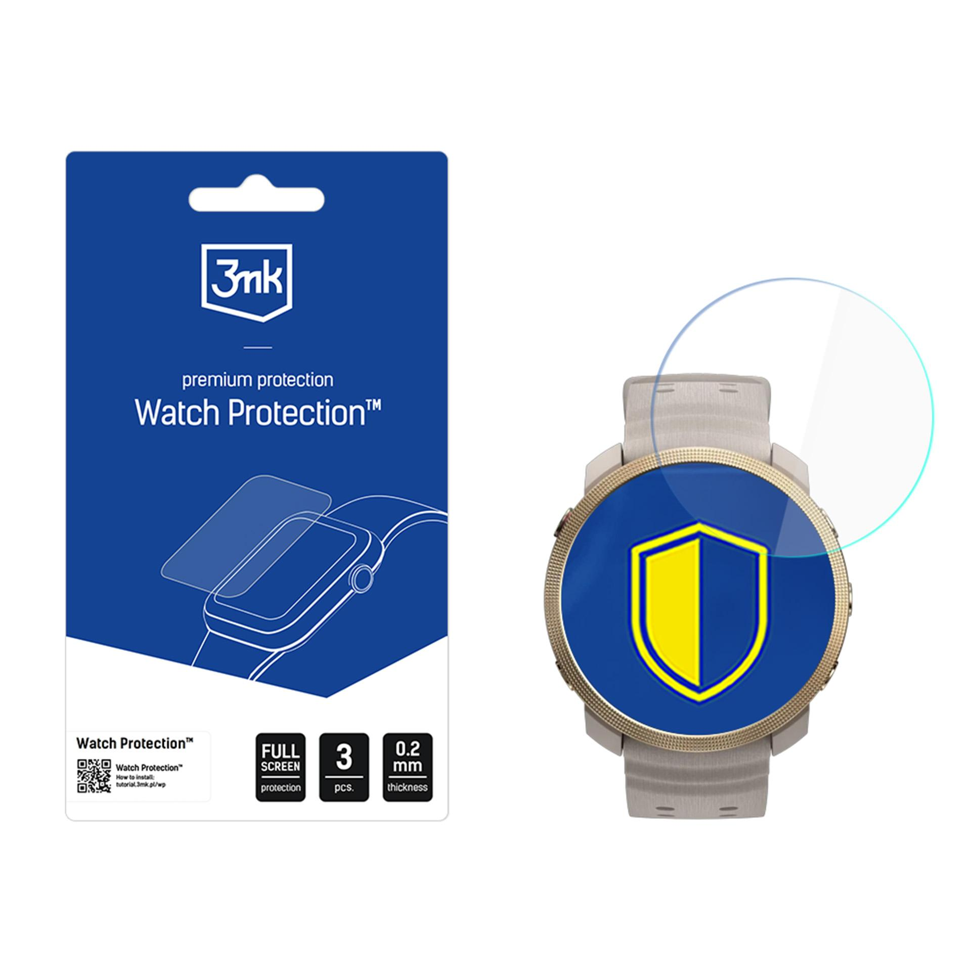 Un orologio con protezione schermo, logo scudo blu e giallo e confezione blu con 'Watch Protection'.