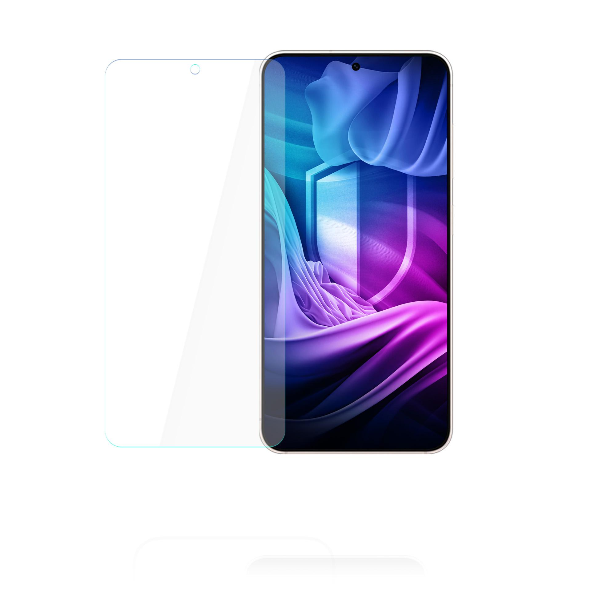 Telefon z ochraniaczem ekranu. Telefon ma kolorowe tło, ochraniacz jest po lewej stronie.