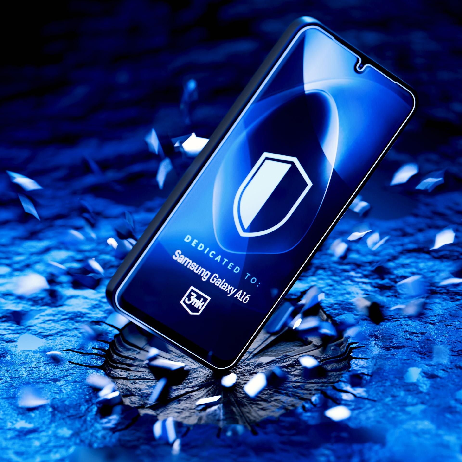 Telefon z ikoną tarczy upada. Tekst: Dedykowane dla Samsung Galaxy A16. Niebieskie tło z odłamkami.