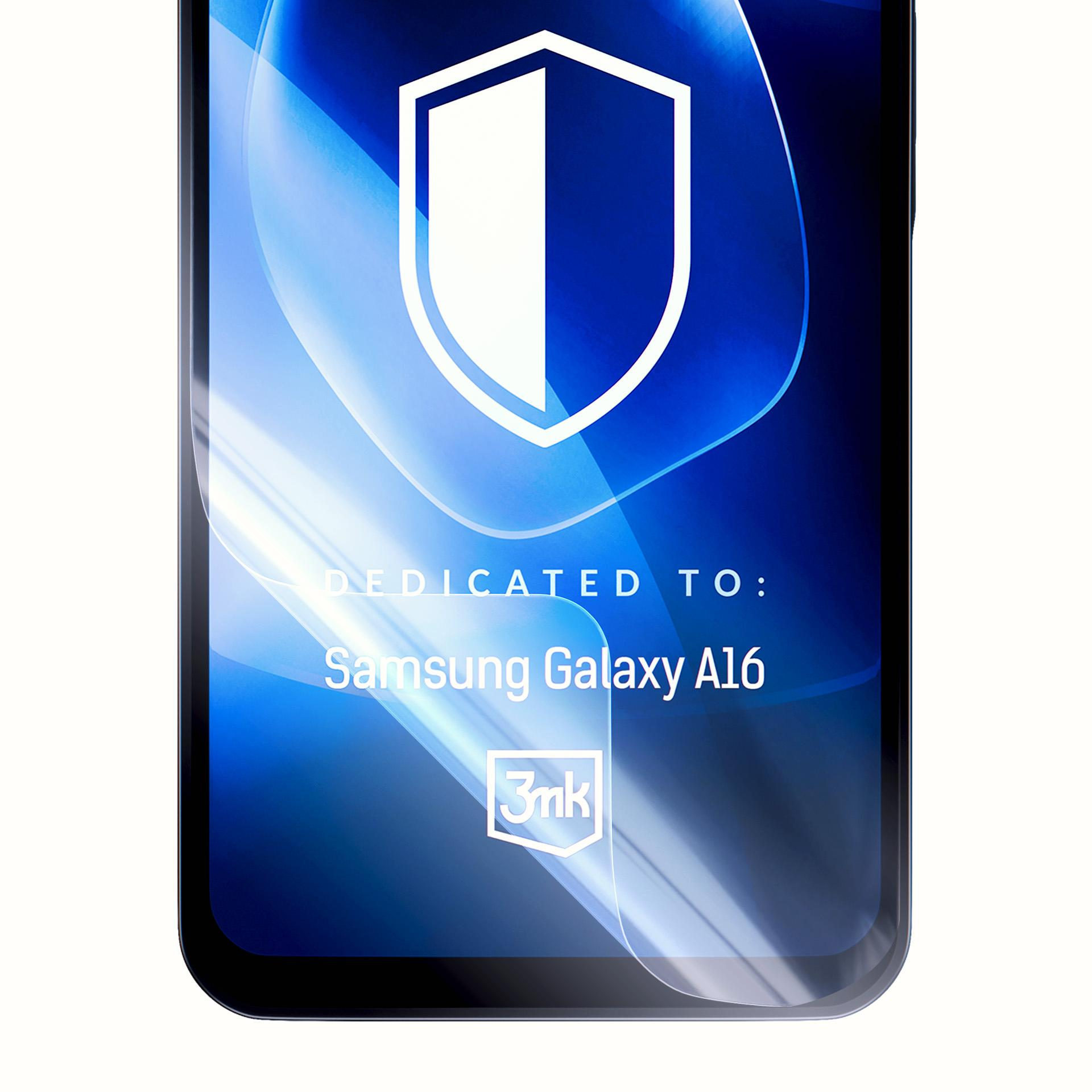Wyświetlany jest ochraniacz ekranu dla Samsung Galaxy A16. Ekran pokazuje ikonę tarczy i logo marki.