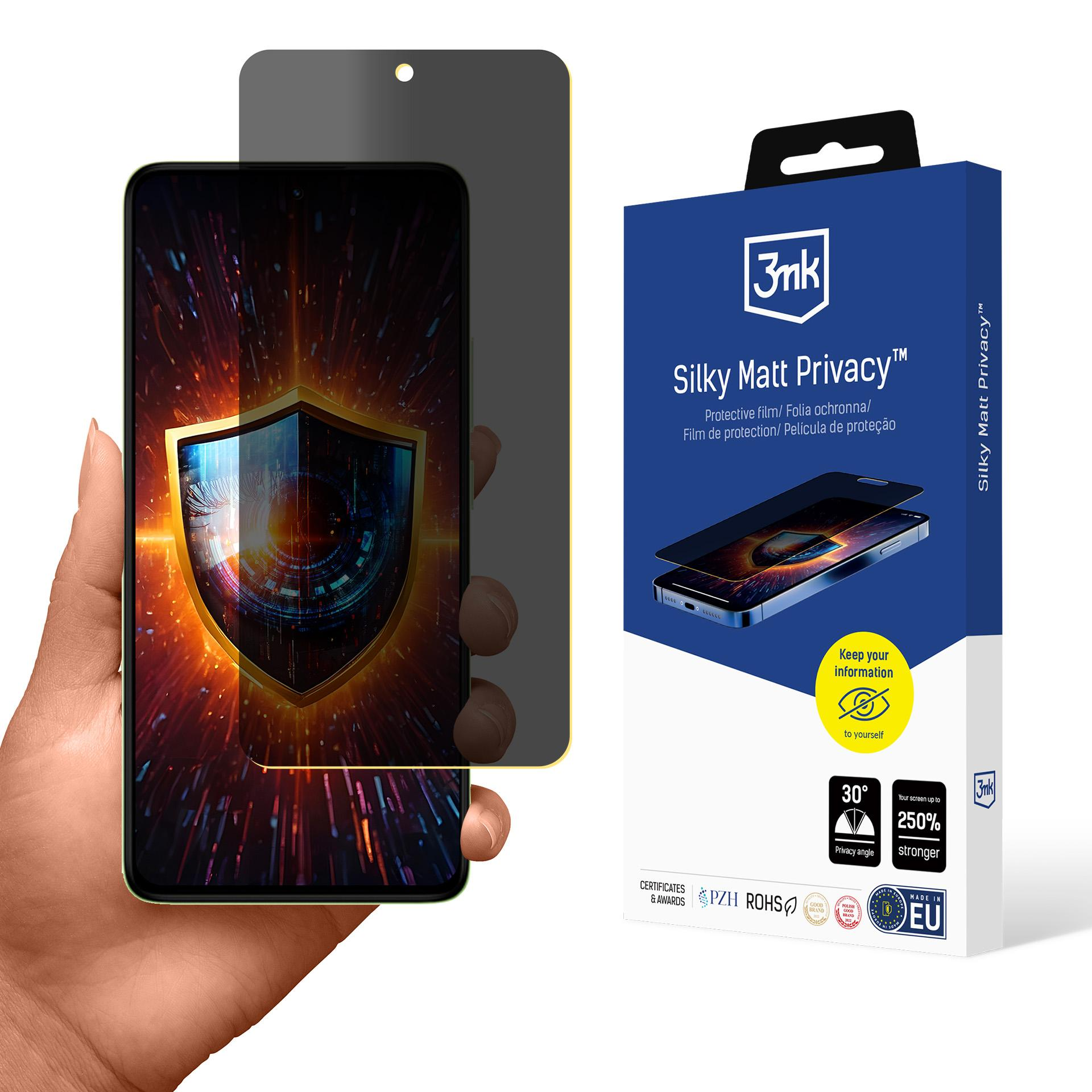 Una mano tiene un telefono con uno schermo privacy. Una scatola mostra le caratteristiche dello schermo, tra cui l'angolo di privacy e la resistenza.