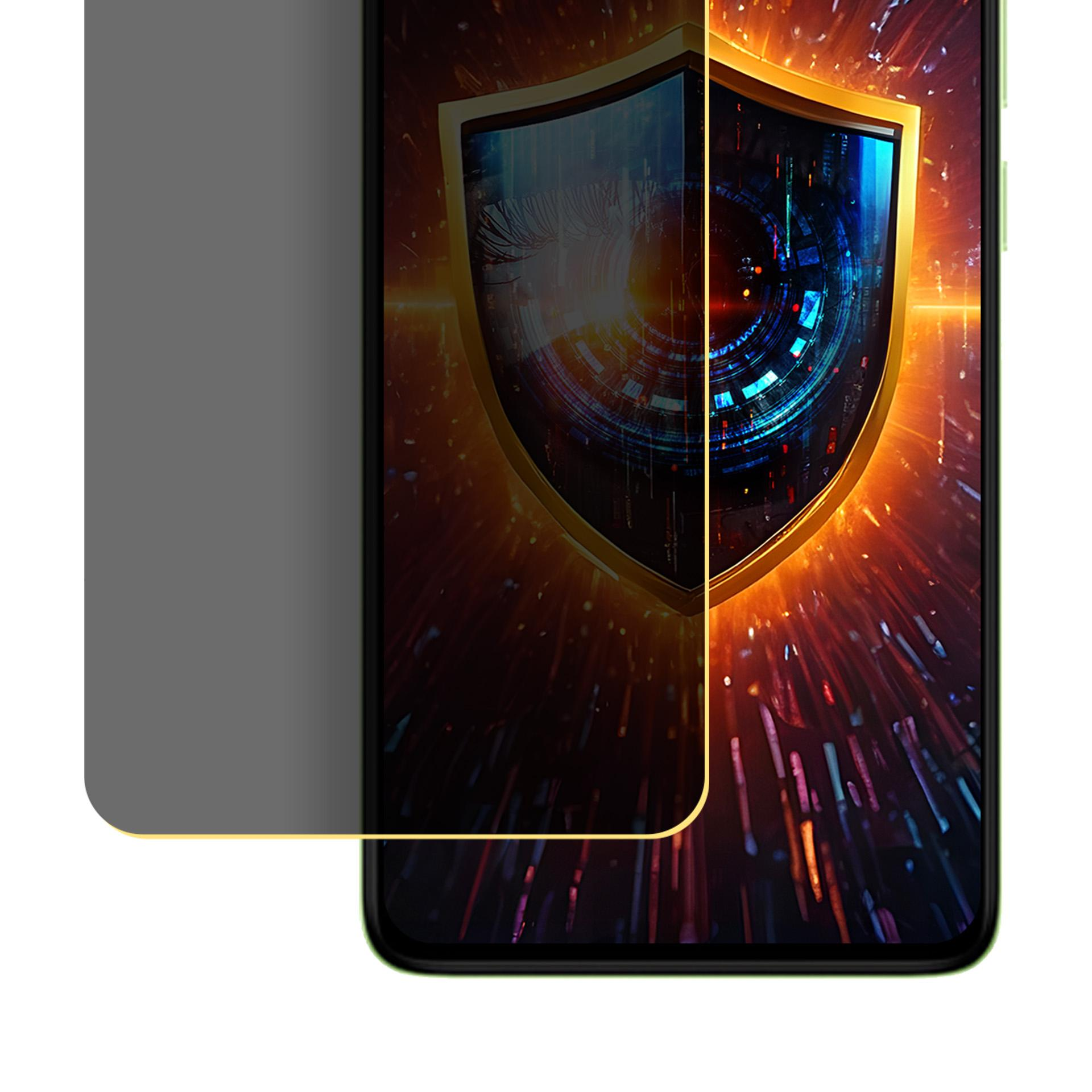 Schermo del telefono con design a scudo. Lo schermo ha un filtro privacy. Lo sfondo mostra dati ed effetti di luce.