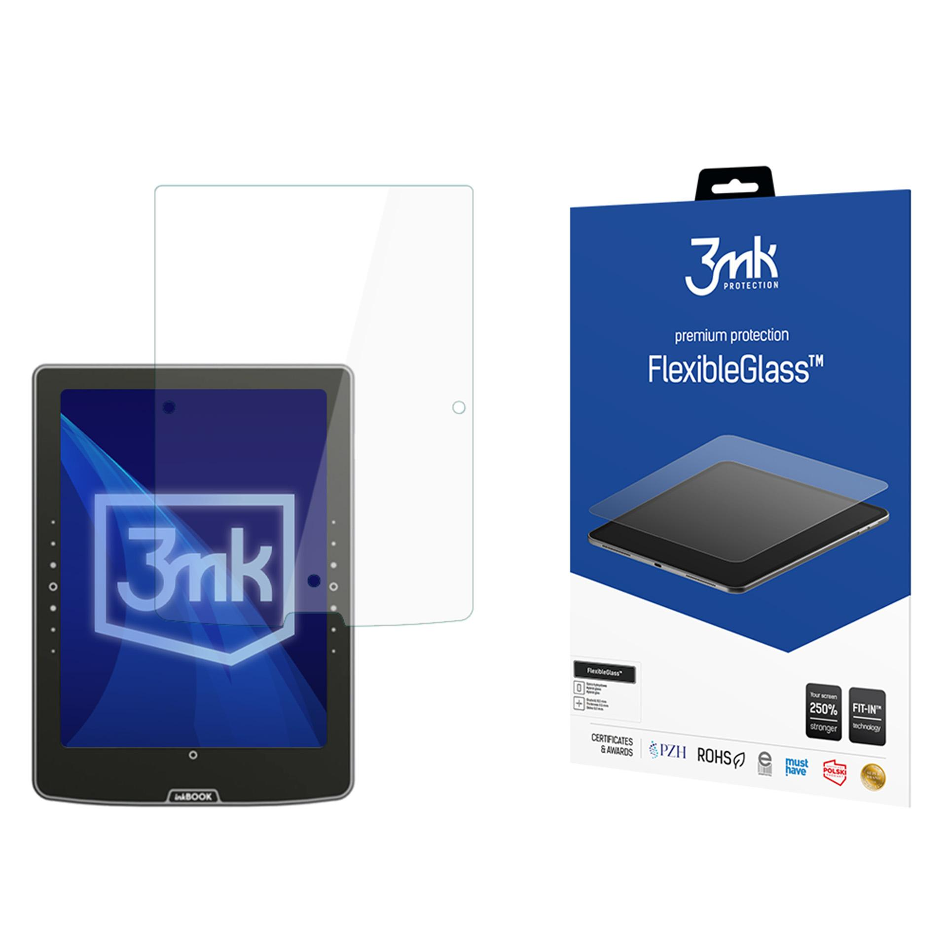 Tablet z ochraniaczem ekranu, obok pudełka ze słowem FlexibleGlass. Tablet ma markę 3mk.