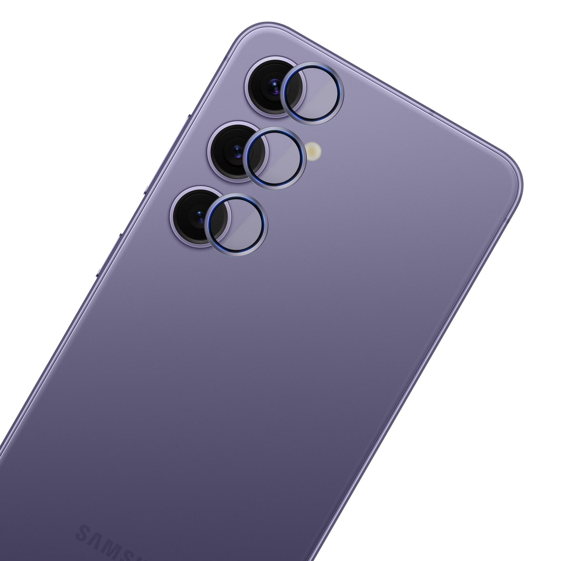 Fioletowy tył smartfona z obiektywami aparatu i logo Samsung. Izolowany na białym tle.