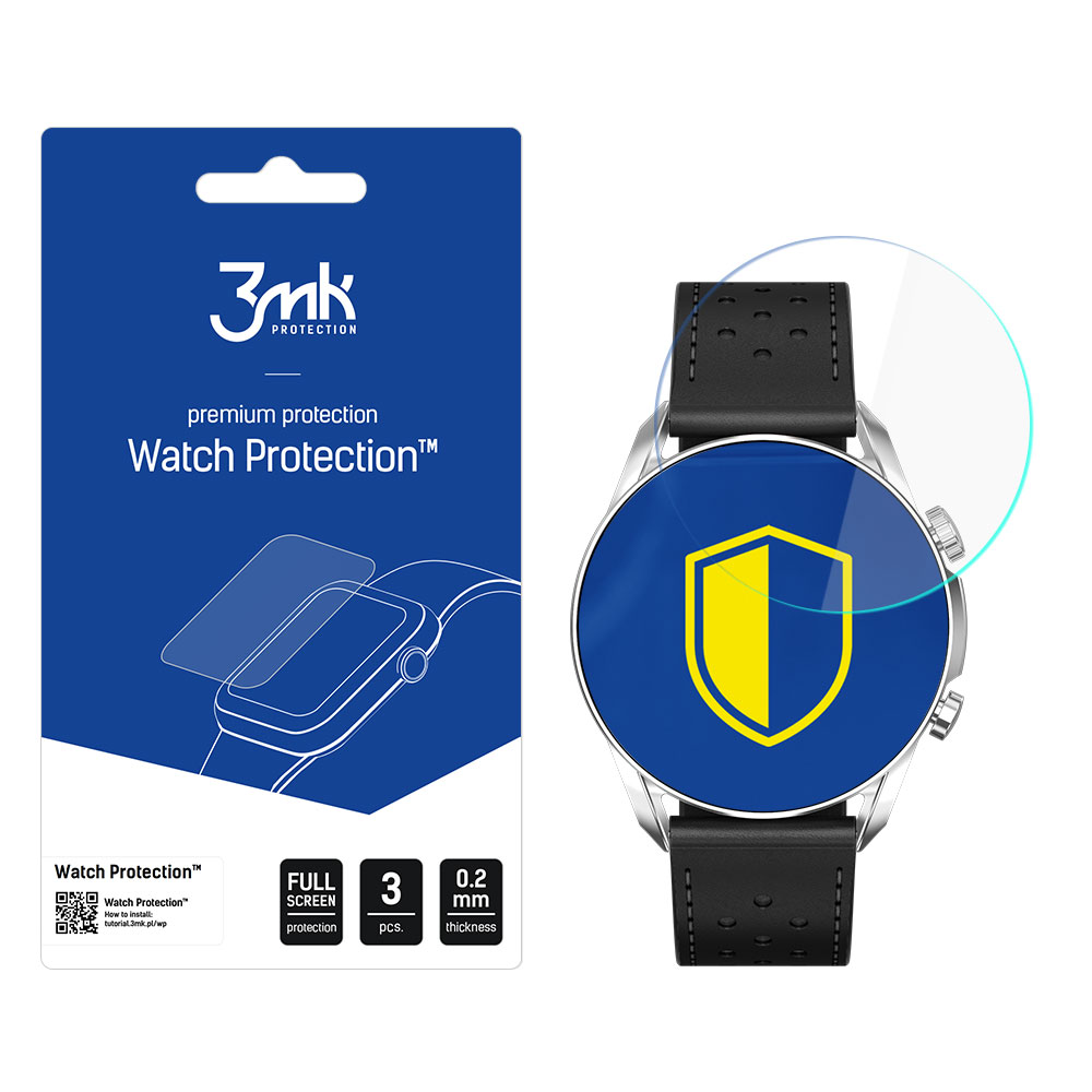 L'immagine mostra un orologio e una confezione di protezione schermo. L'orologio ha un quadrante blu con uno scudo giallo. La confezione è blu.