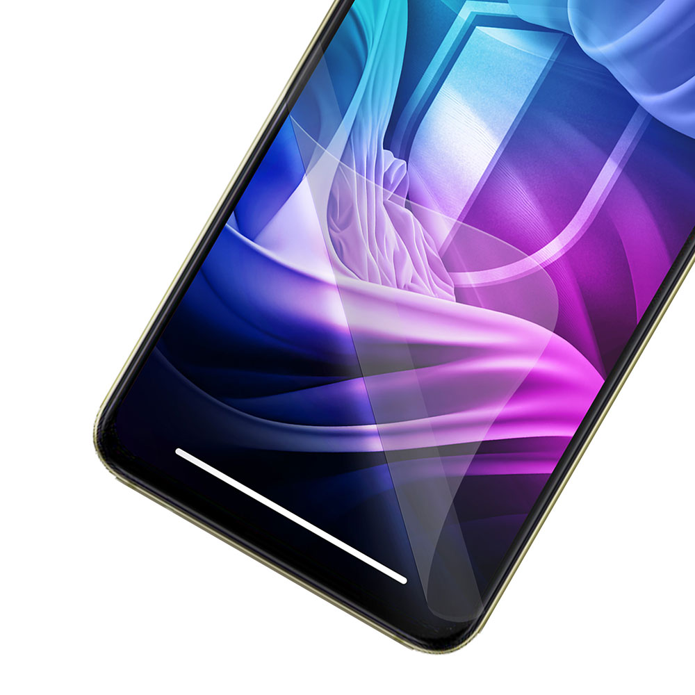 Schermo di smartphone con un design astratto colorato in blu, viola e bianco, con una linea bianca in basso.