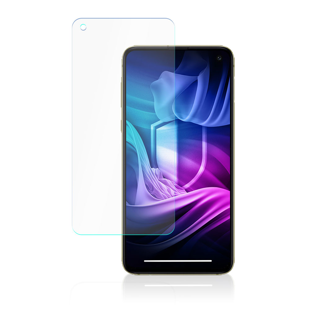 Smartphone con protezione schermo. Il telefono mostra un'immagine astratta colorata. La protezione è trasparente.