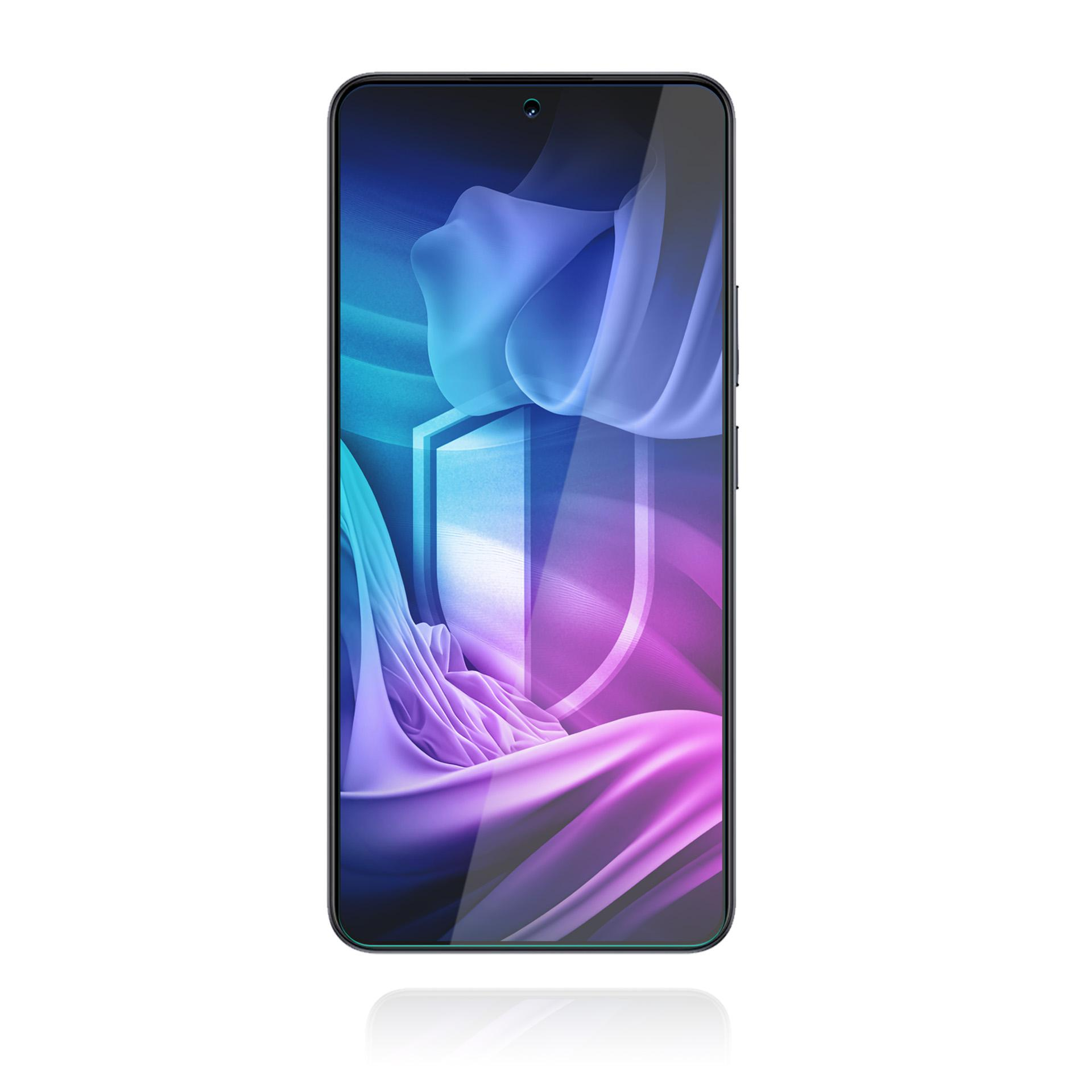 Smartfon z ekranem wyświetlającym wzór w kształcie tarczy z odcieniami niebieskiego, fioletowego i białego.