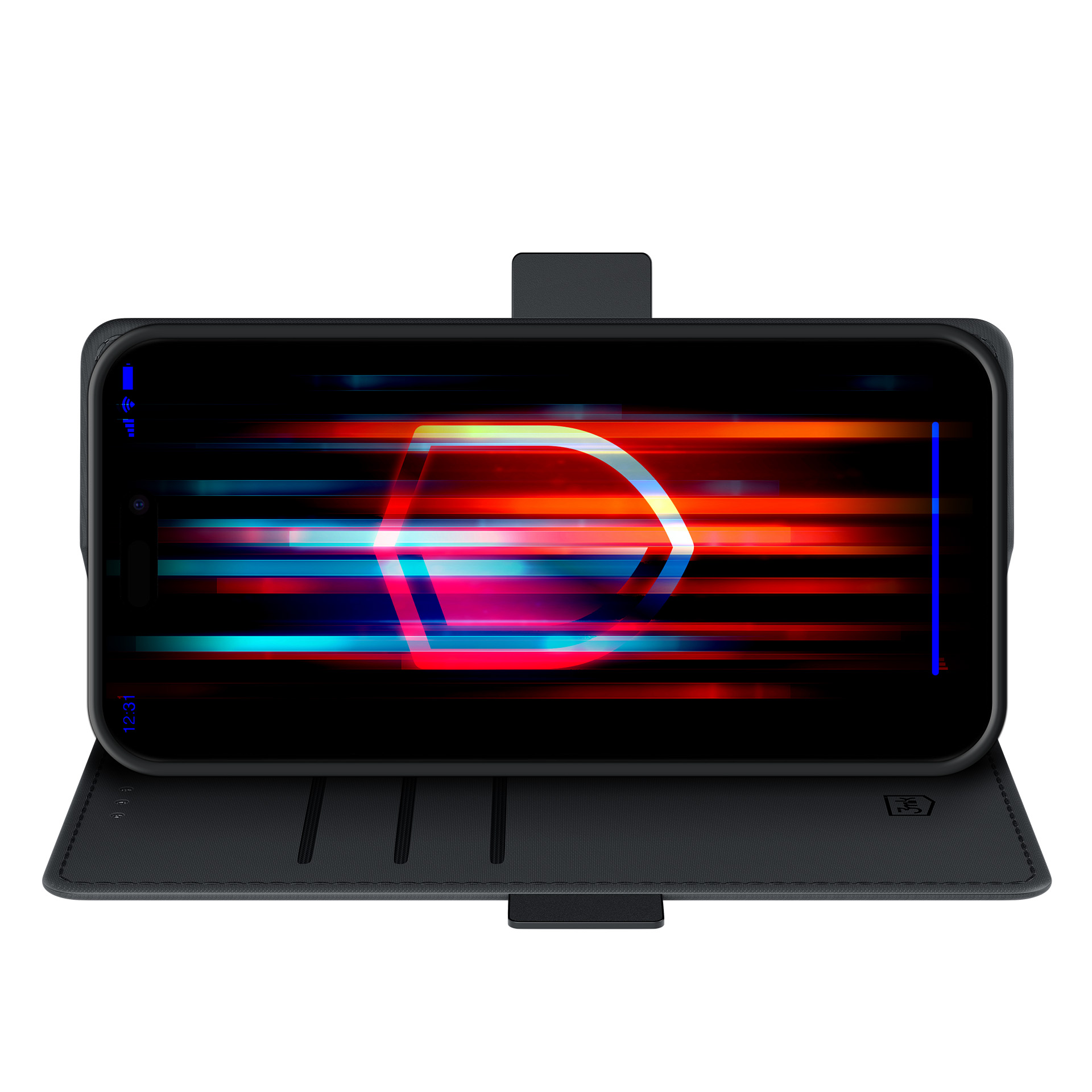 Smartfon w czarnym etui wyświetla kolorowy, abstrakcyjny wzór. Etui jest otwarte, odsłaniając ekran telefonu.