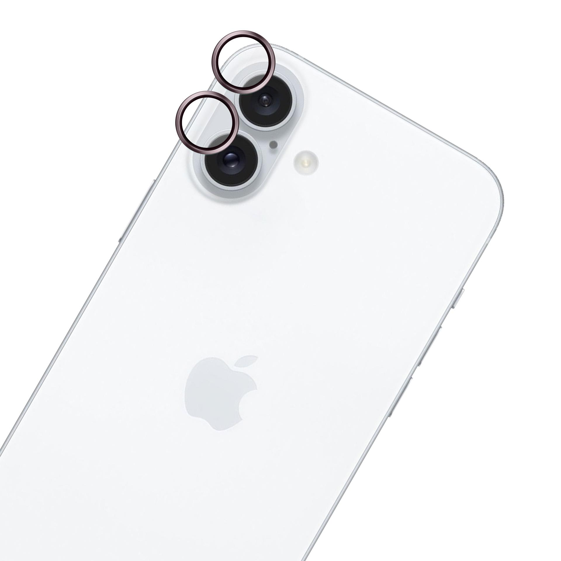 Retro iPhone bianco con due lenti della fotocamera e protezioni ad anello. Logo Apple visibile. Protezioni ad anello rosso scuro.
