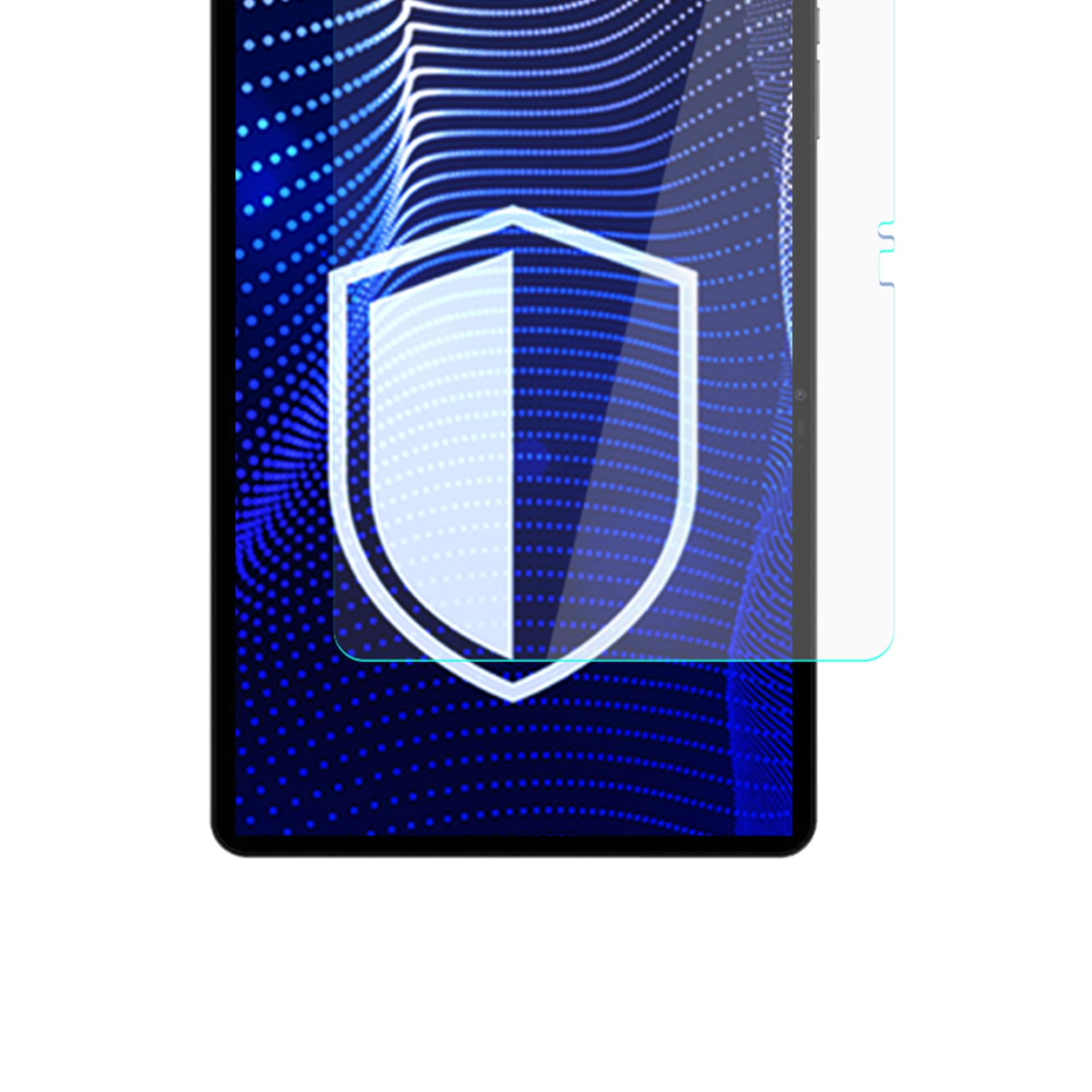 Tablet z ochraniaczem ekranu, z ikoną tarczy na niebieskim tle w kropki.